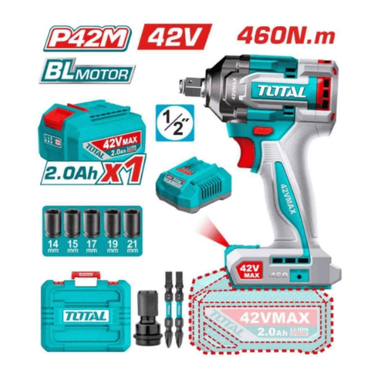 Llave de Impacto 12 460Nm + 1 Batería y Cargador 42v Total, marca Total Tools - Foto 2
