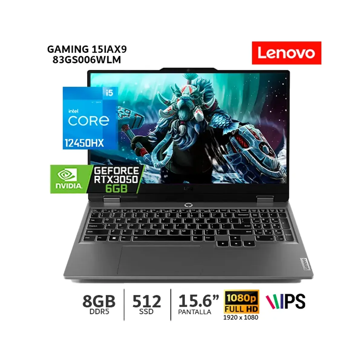 LENOVO - Laptop Lenovo LOQ 15IAX9, CI5-12450HX, 8Gb Ram/ 512Gb SSD/ 15.6” FHD/ RTX 3050 6Gb - 83GS006WLM