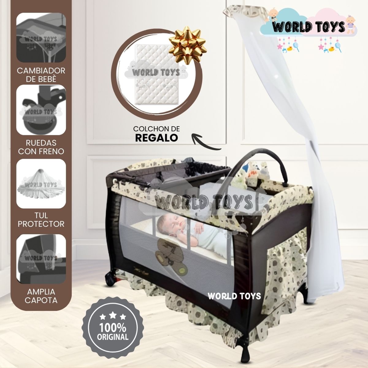 BABY - Cuna Corral de Lujo «ORIANE» con Mecedora Movil Beige
