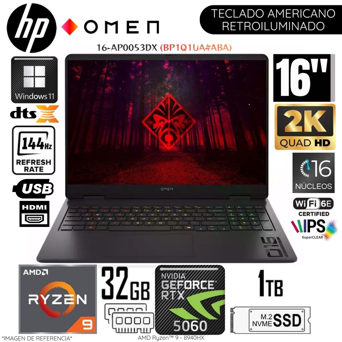 HP - Laptop HP OMEN 16-AP0053DX AMD Ryzen 9-8940HX 32GB RAM 1TB SSD RTX 5060-8GB 16"  2K Win 11 Home