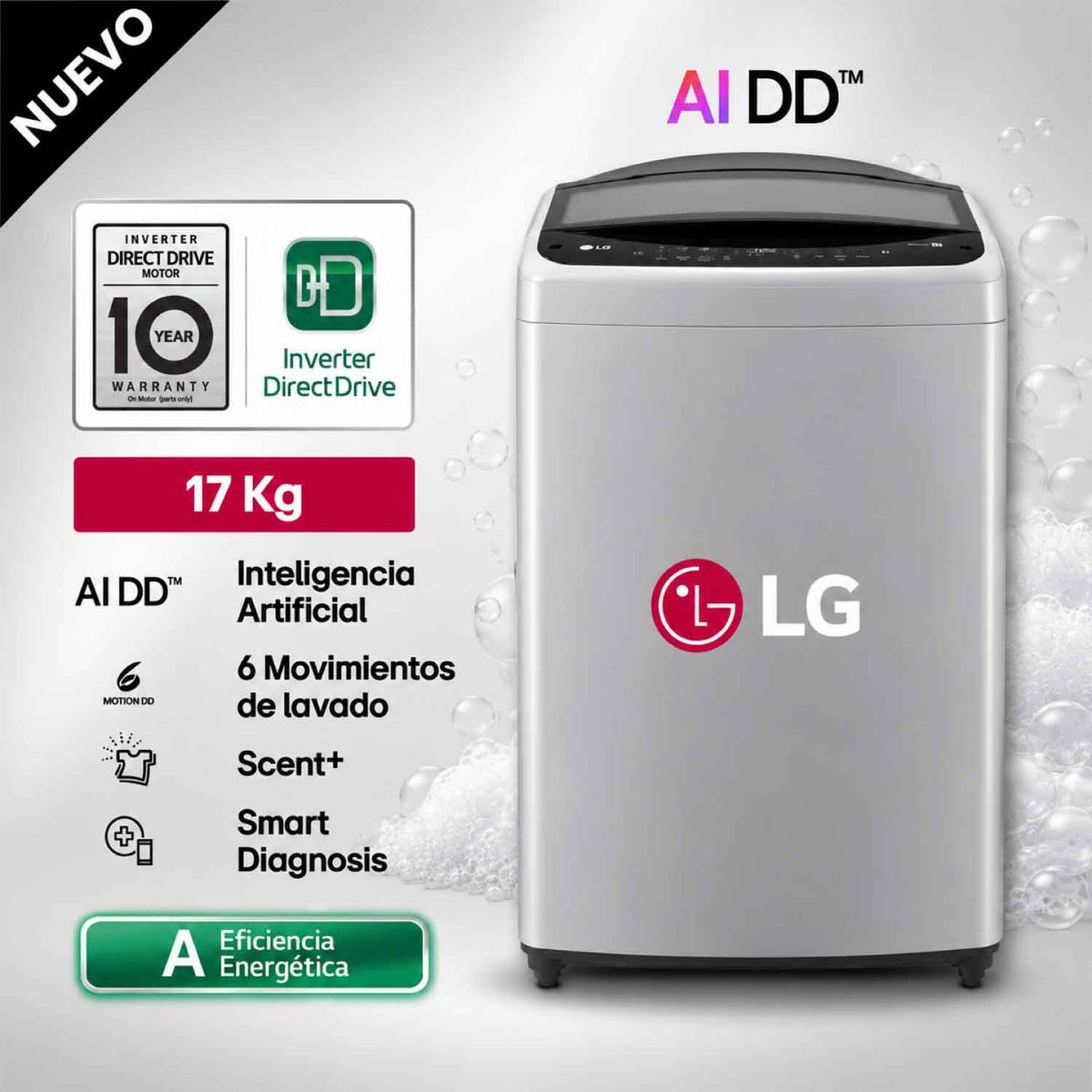 LG - Lavadora LG 17 kg Carga Superior con AI DD Gris WT17DV6T