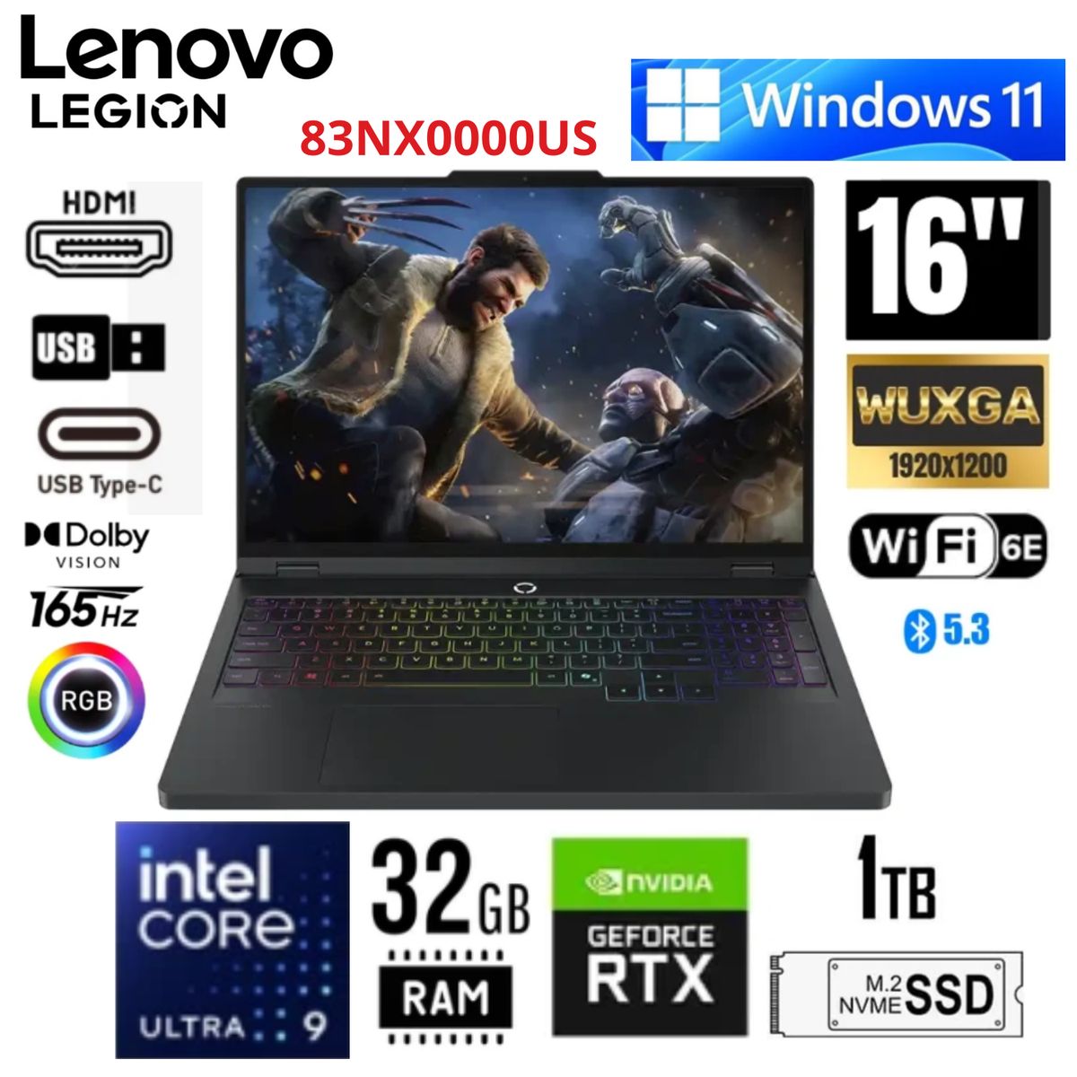 LENOVO - Laptop Lenovo Legion 5 Intel Core Ultra 9 1TB 32GB 16" WQXGA WIN11  RTX 5060  Backlit Keyboard