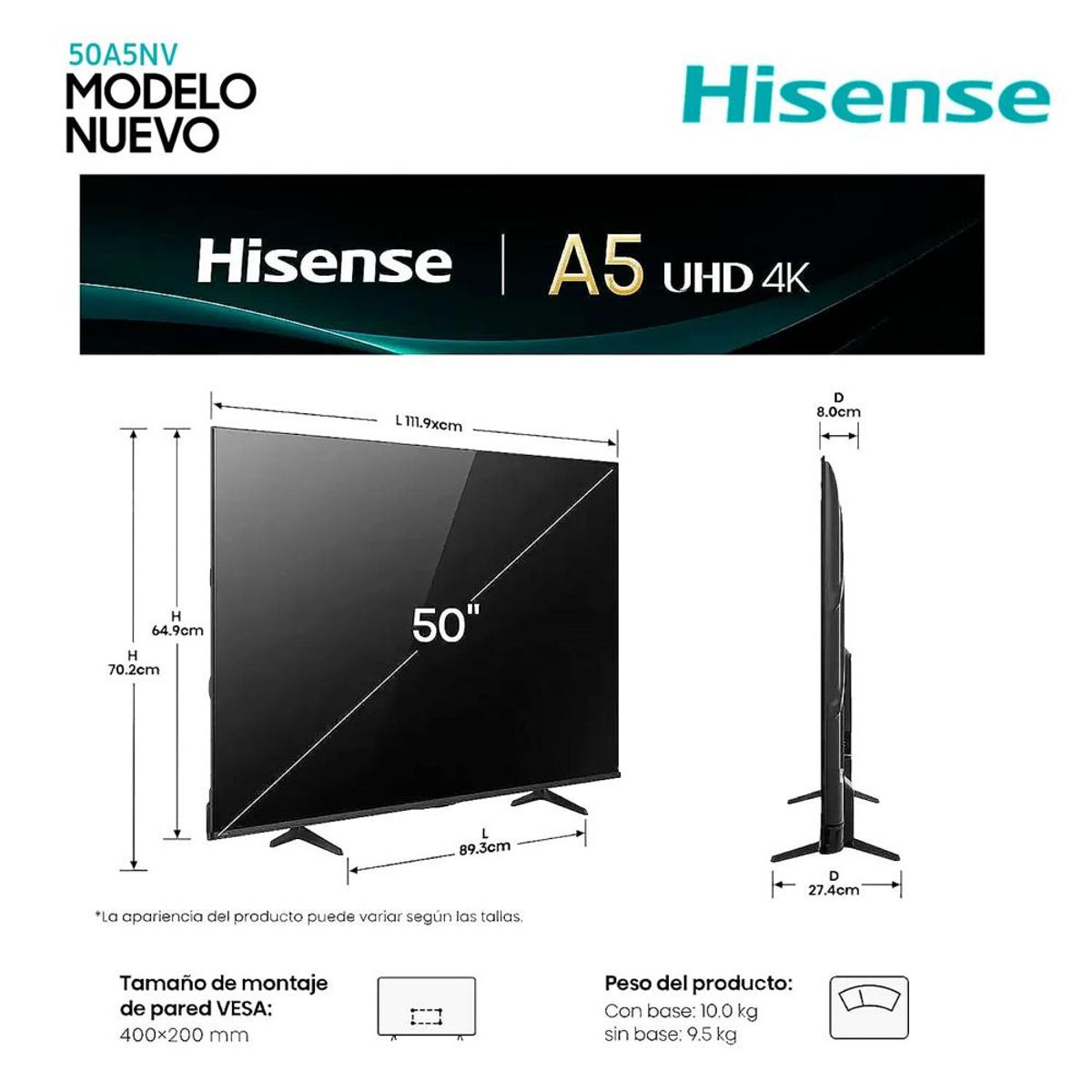 HISENSE - Televisor Hisense Led 50 Smart UHD 4K VIDAA 50A5NV 2025