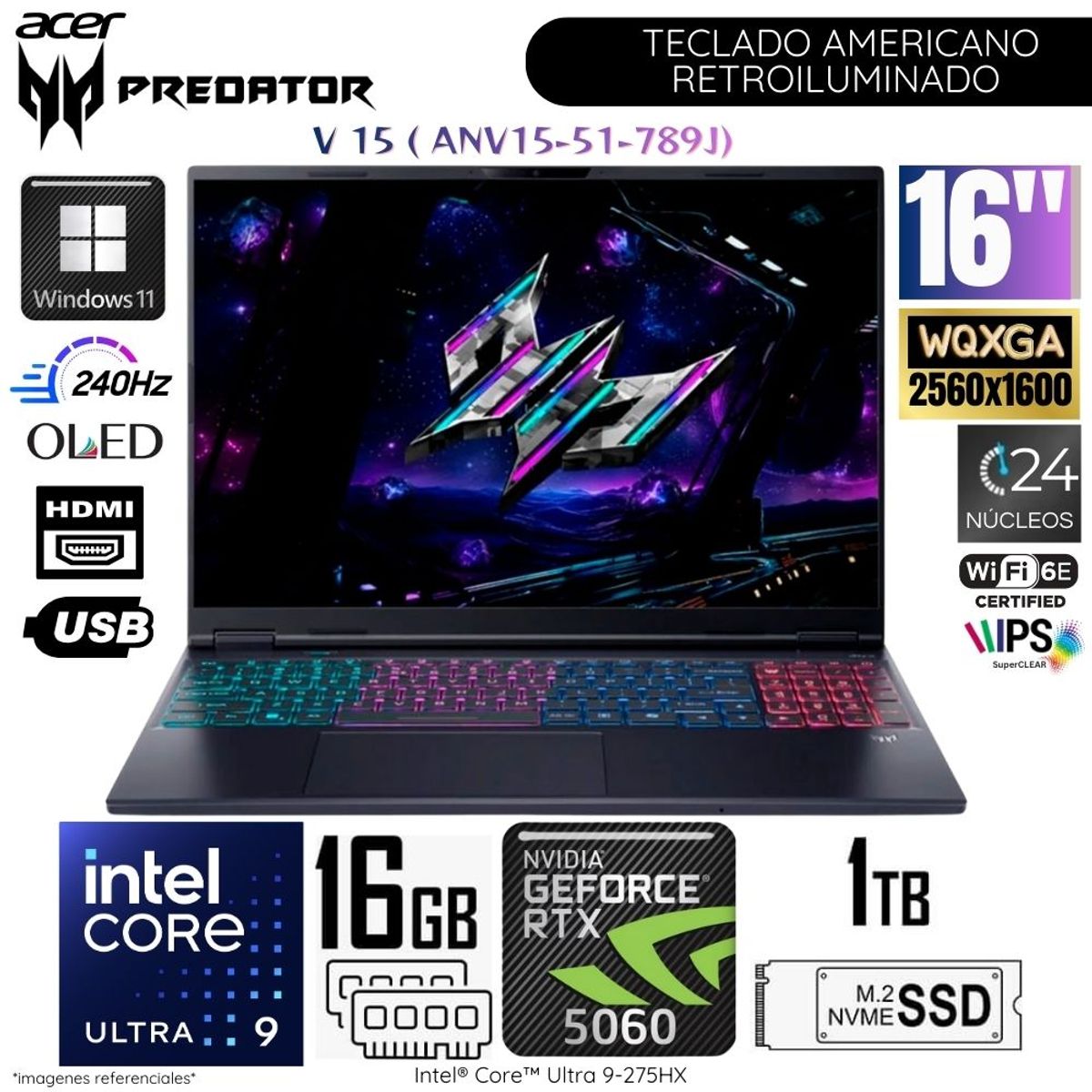 ACER - Laptop Acer Predator Helios NEO 16S AI Intel Core Ultra 9- 275HX 16GB RAM 1TB SSD 16"  OLED RTX5060-8GB WIN11