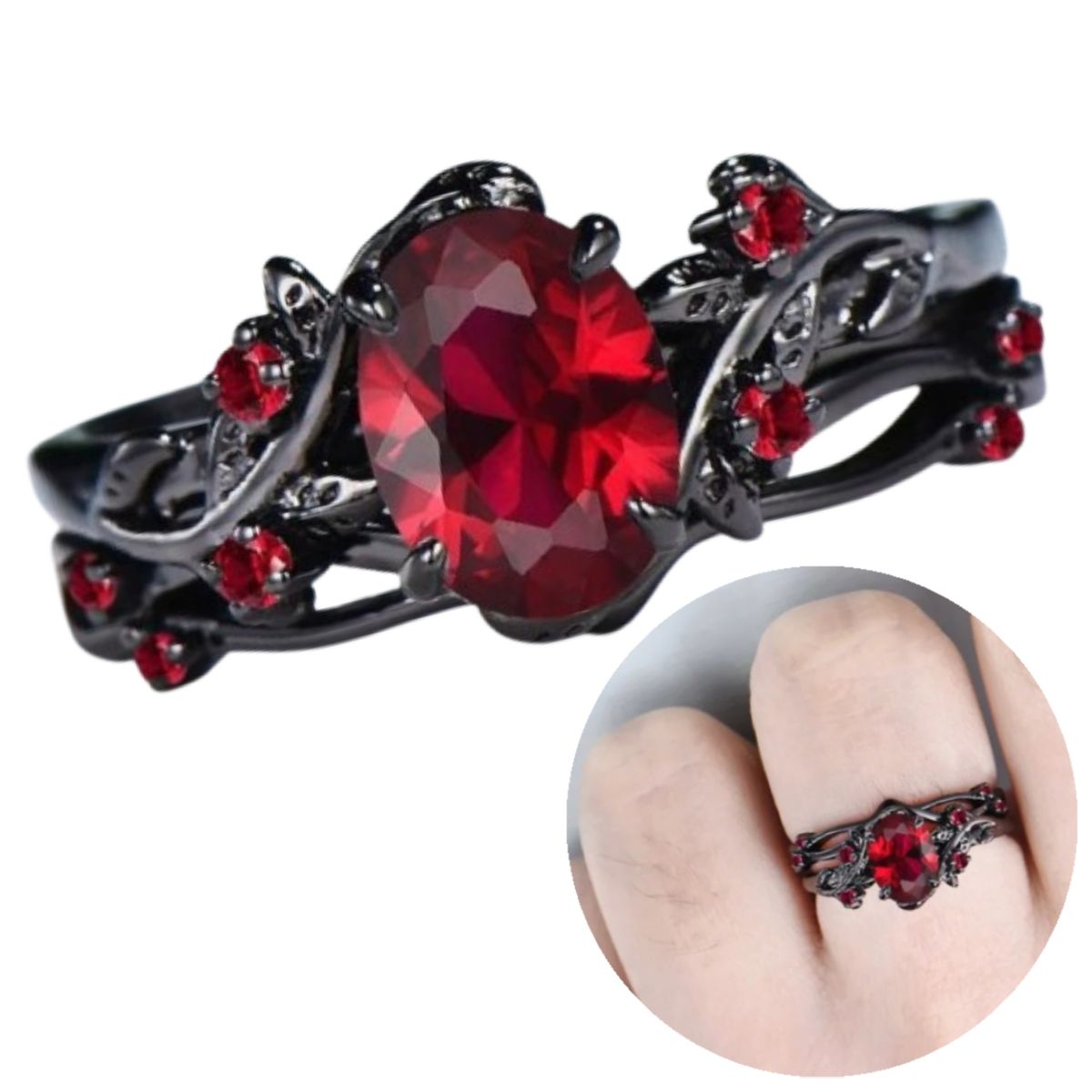 GENERICO - Anillo de aniversario de rama de oro negro Art deco Gema Granate