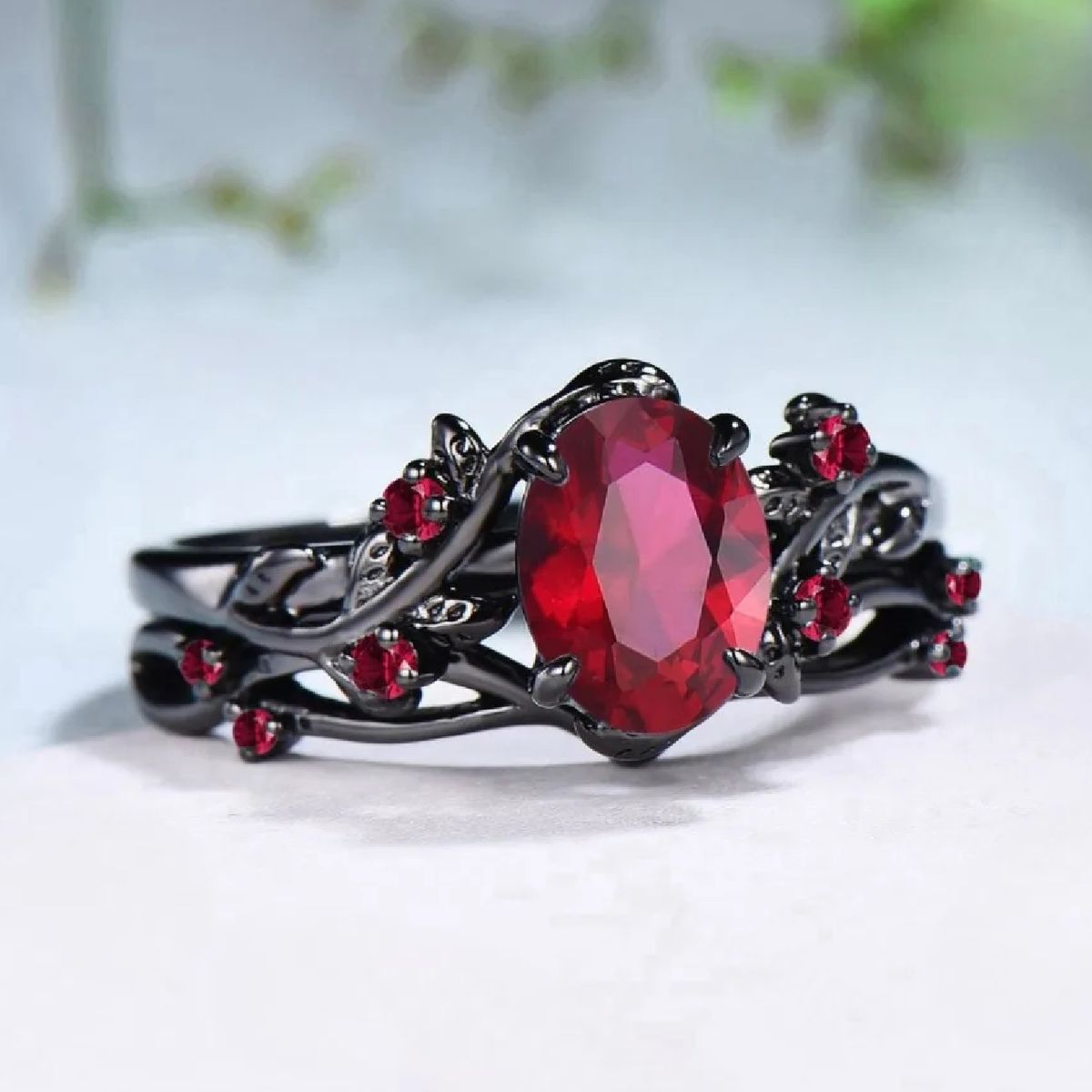 GENERICO - Anillo de aniversario de rama de oro negro Art deco Gema Granate