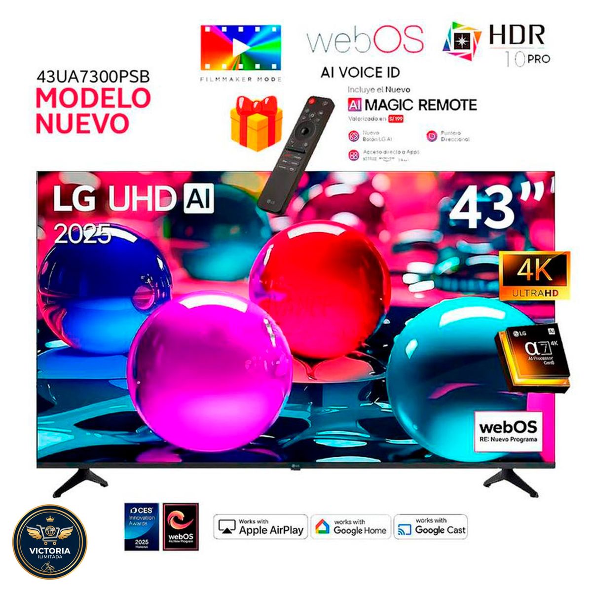 LG - Televisor Lg 43 Pulg Ultra HD 4K AI ThinQ 43UA7300PSB + Control Inteligente MAGIC