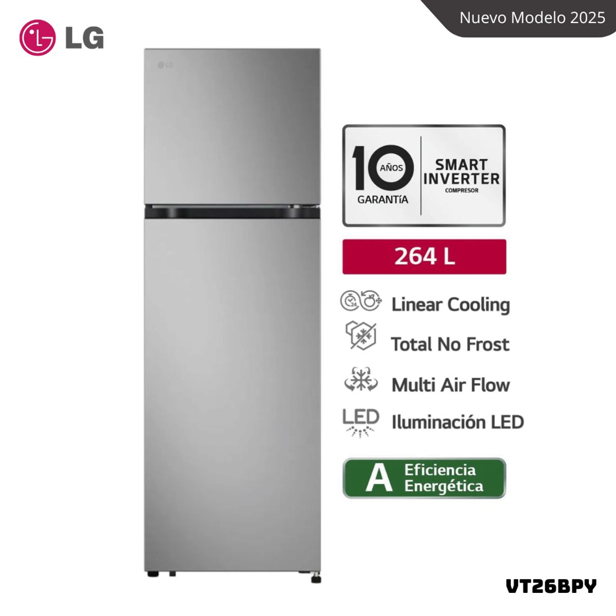 LG - REFRIGERADORA LG 264 L TOP FREEZER PLATEADO - VT26BPY
