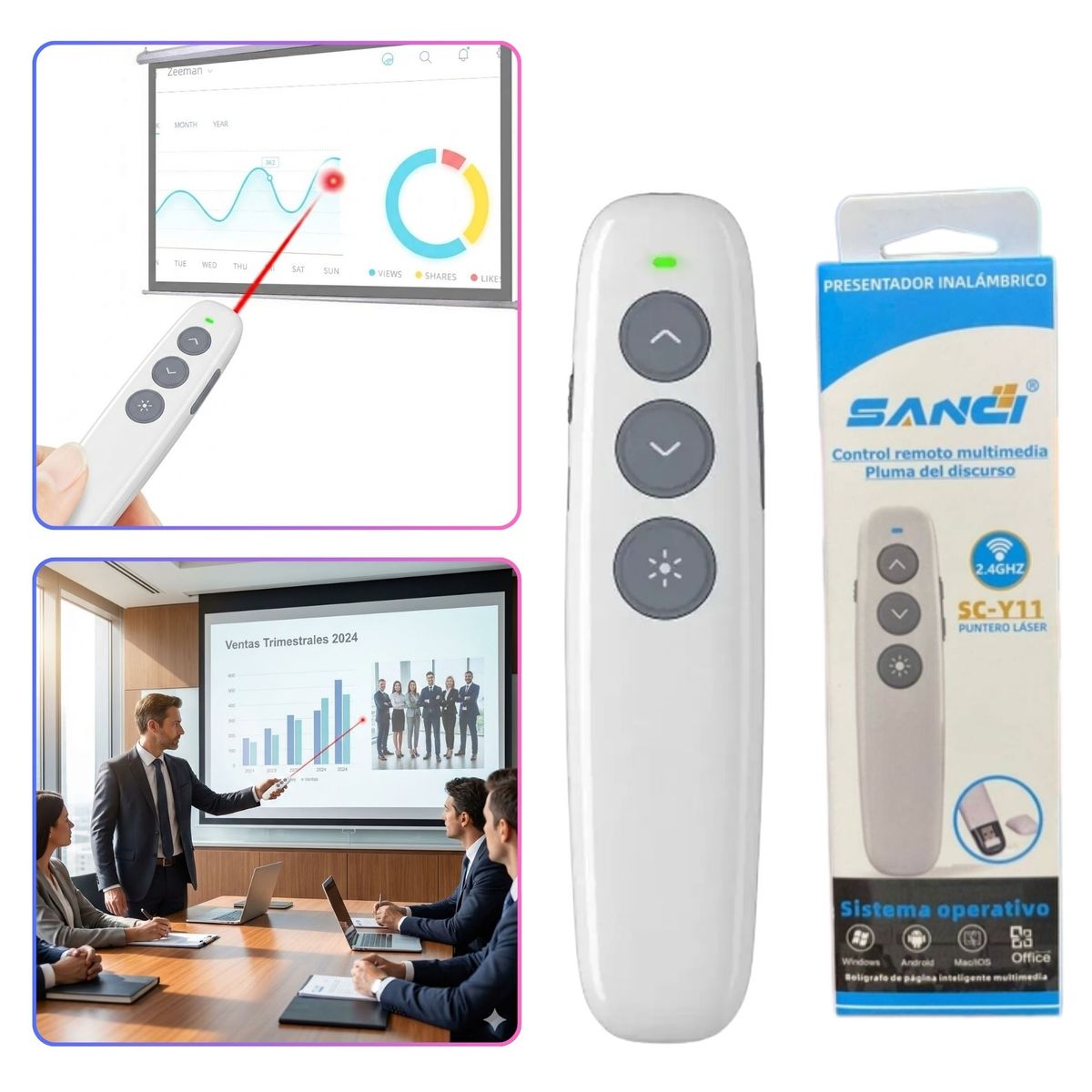 GENERICO - Presentador Láser Inalámbrico - Control Remoto para PowerPoint y PDF -  Puntero Rojo 24GHz