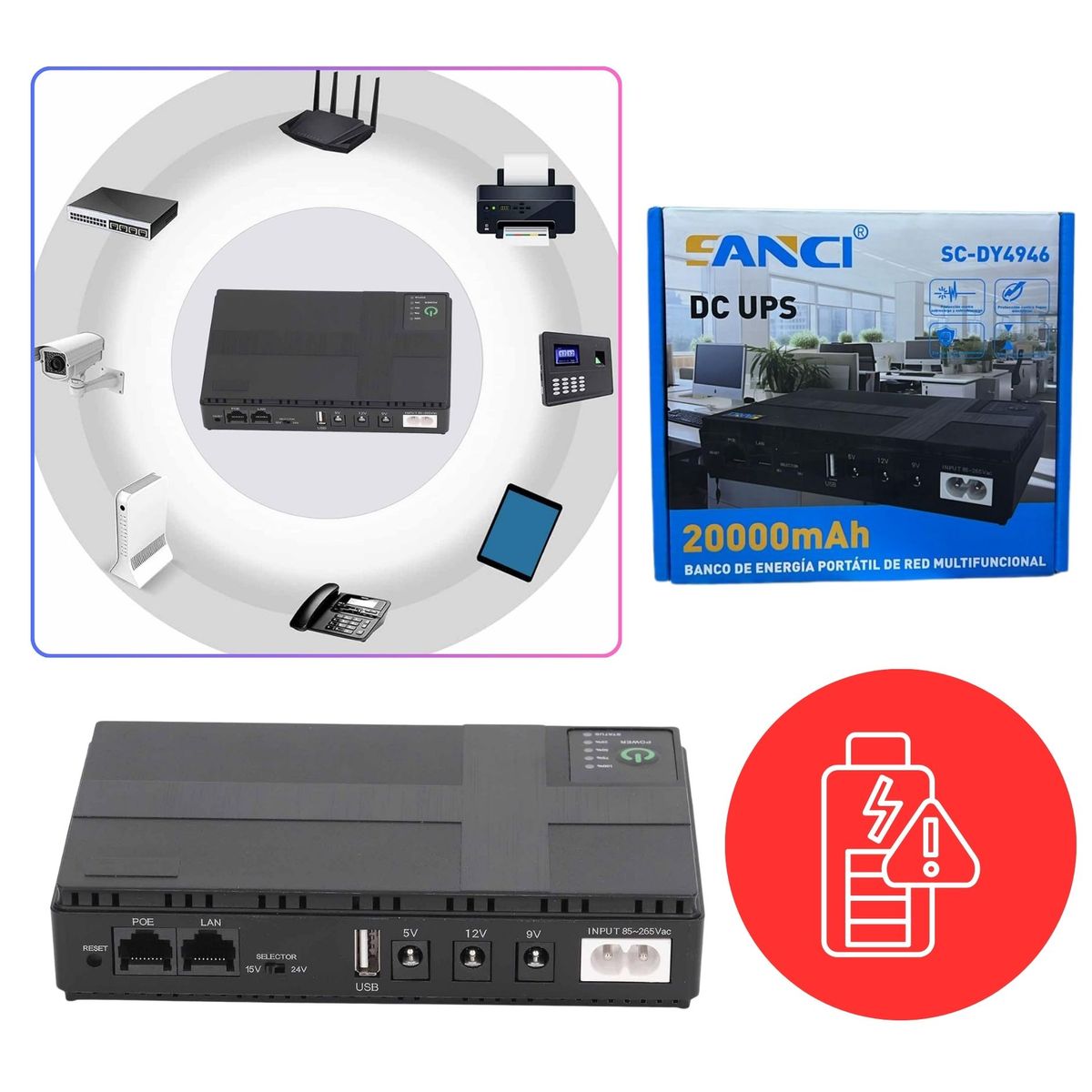 GENERICO - UPS para Router Modem Wifi Portátil Multifuncional 20000mAh Banco de Energía Portátil