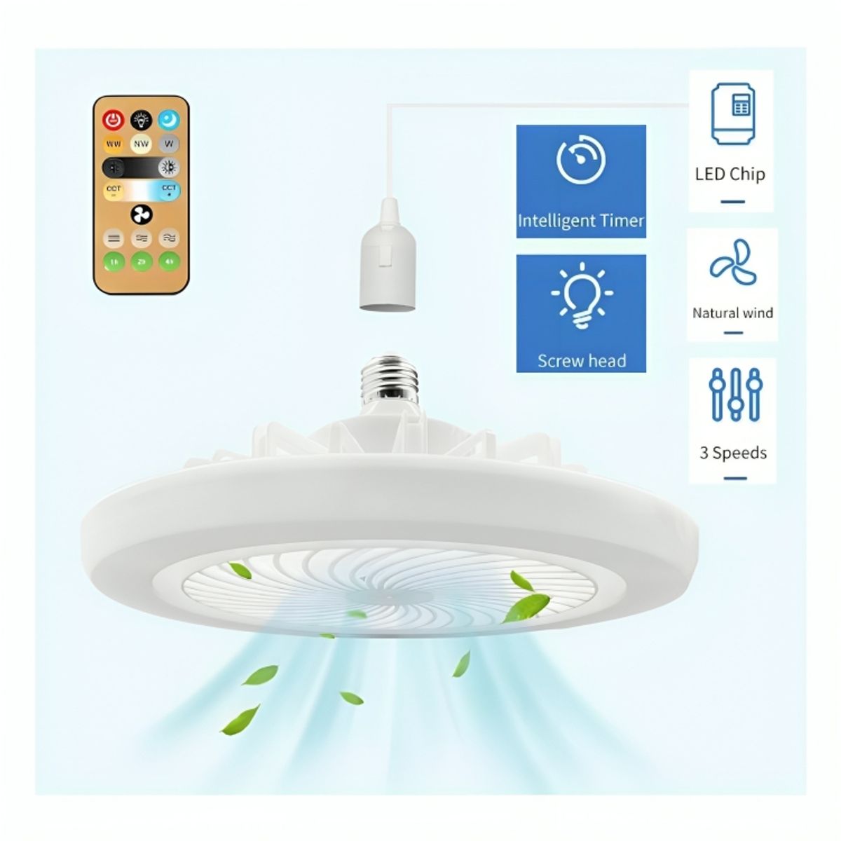 GENERICO - Foco Led Ventilador 3 Velocidades Temporizador 3 Luces a Control Remoto para oficina Hogar 30 W
