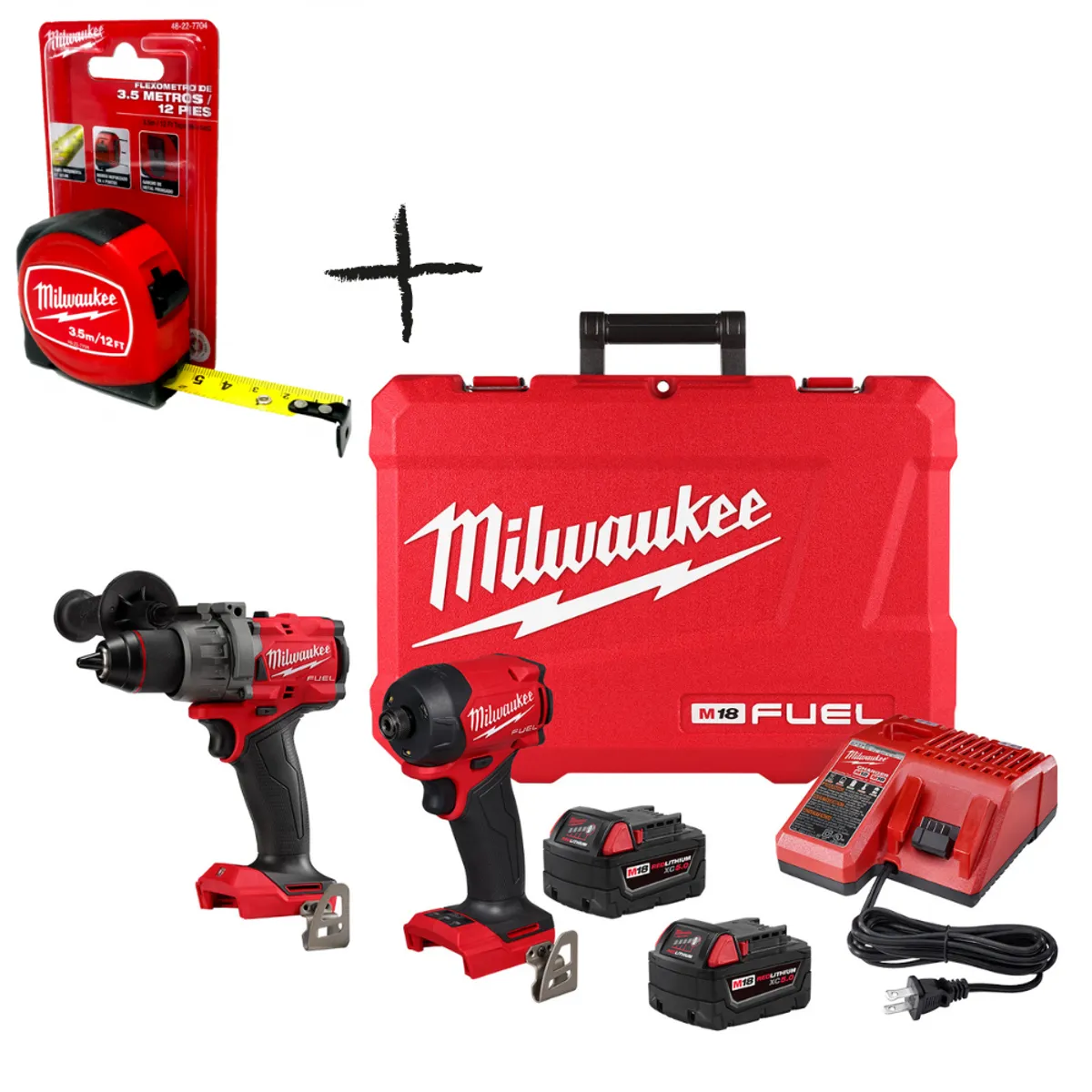 MILWAUKEE - Combo BL FUEL M18 de Taladro percutor + Atornillador de impacto +  WINCHA DE 3metros 3697-259