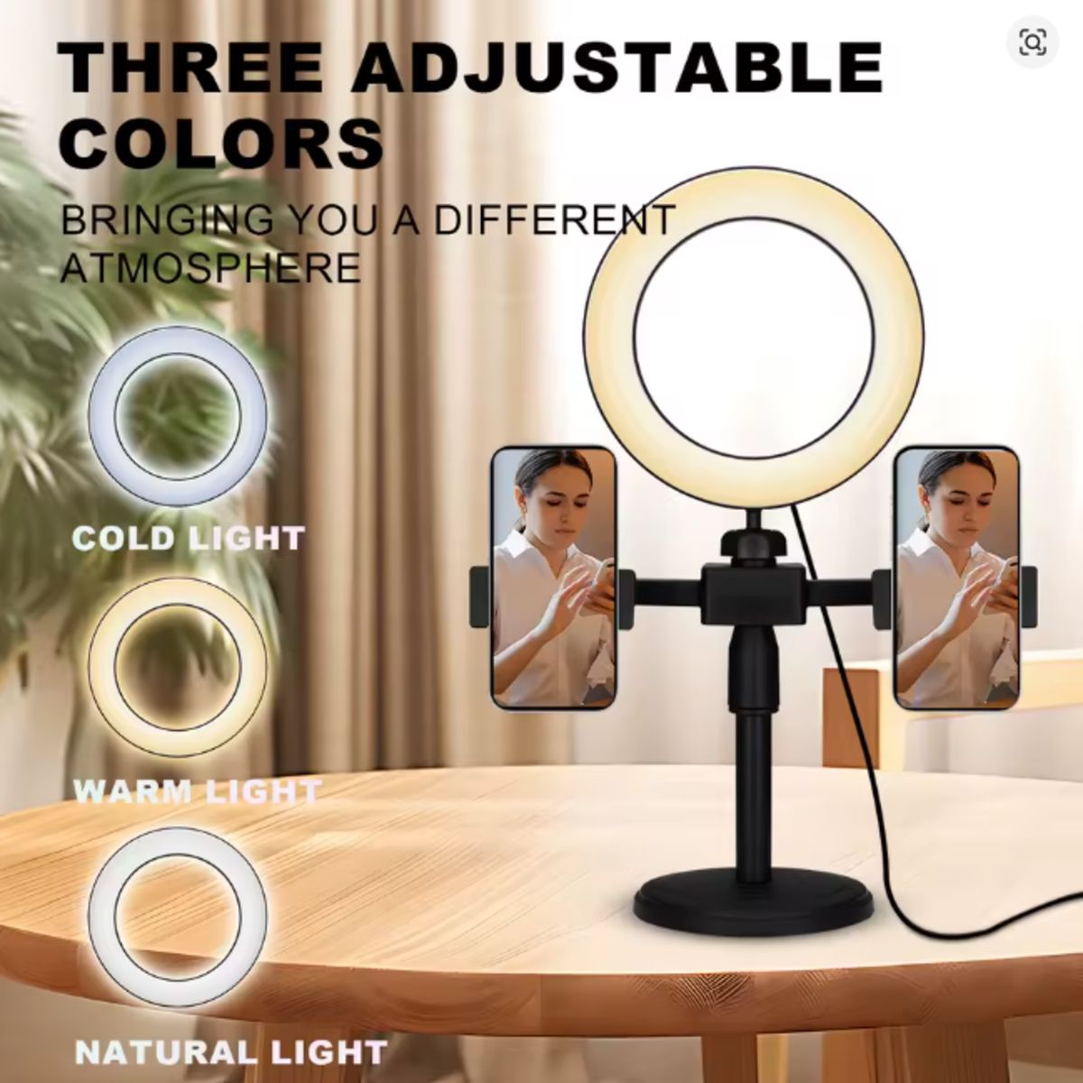 CLN TECH - Anillo de luz LED 6” (16 cm) multicolor con trípode y 2 sujetadores para celular para selfies.
