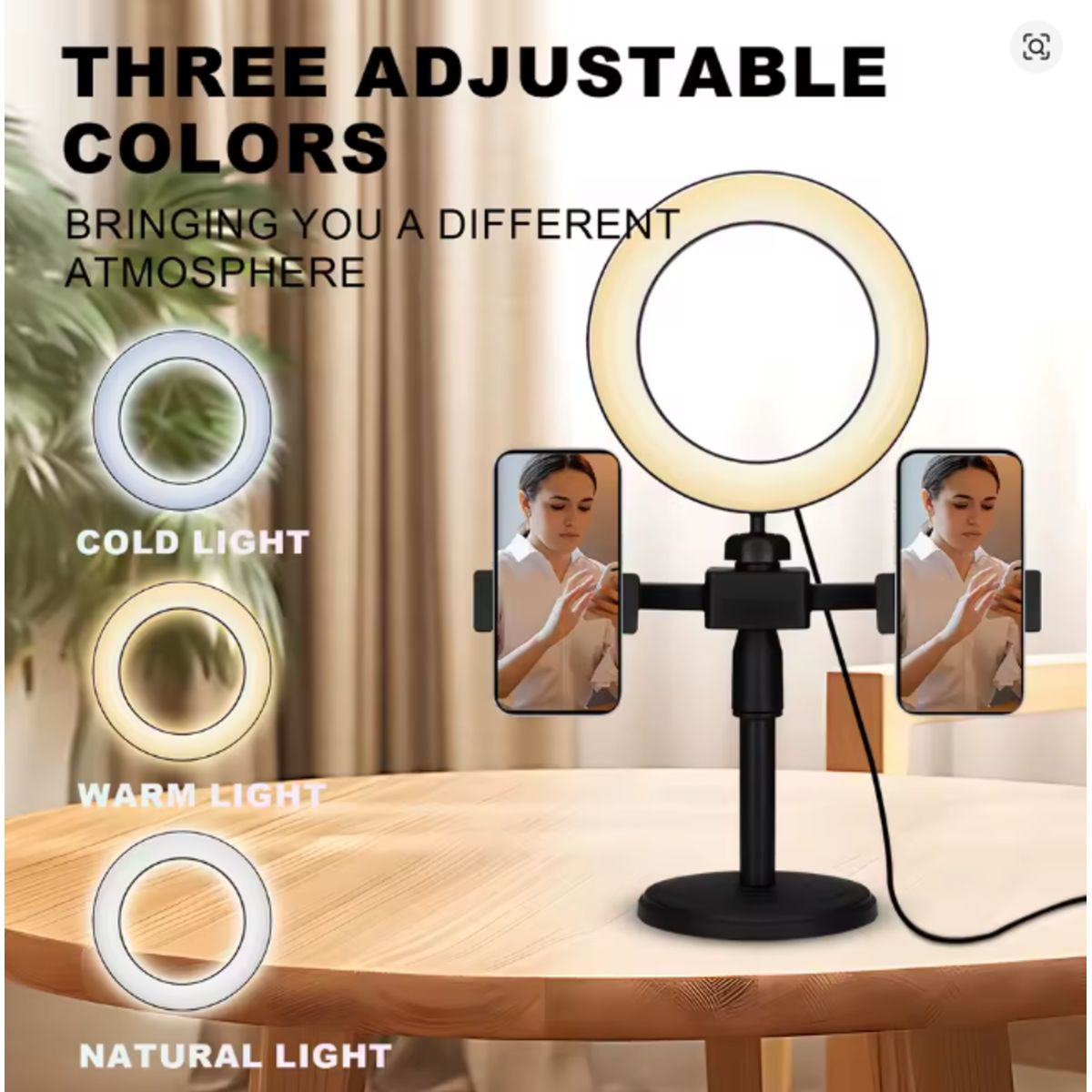CLN TECH - Anillo de luz LED 6” (16 cm) multicolor con trípode y 2 sujetadores para celular para selfies.