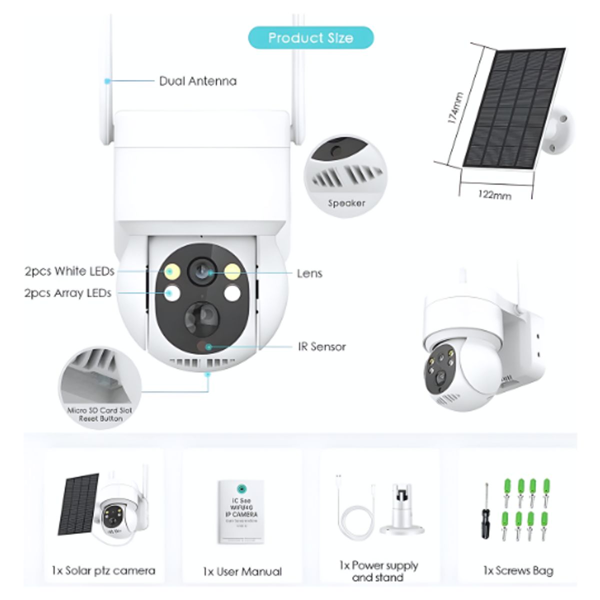 GENERICO - Cámara de Seguridad Solar PTZ WiFi con Visión Nocturna y Audio Bidireccional