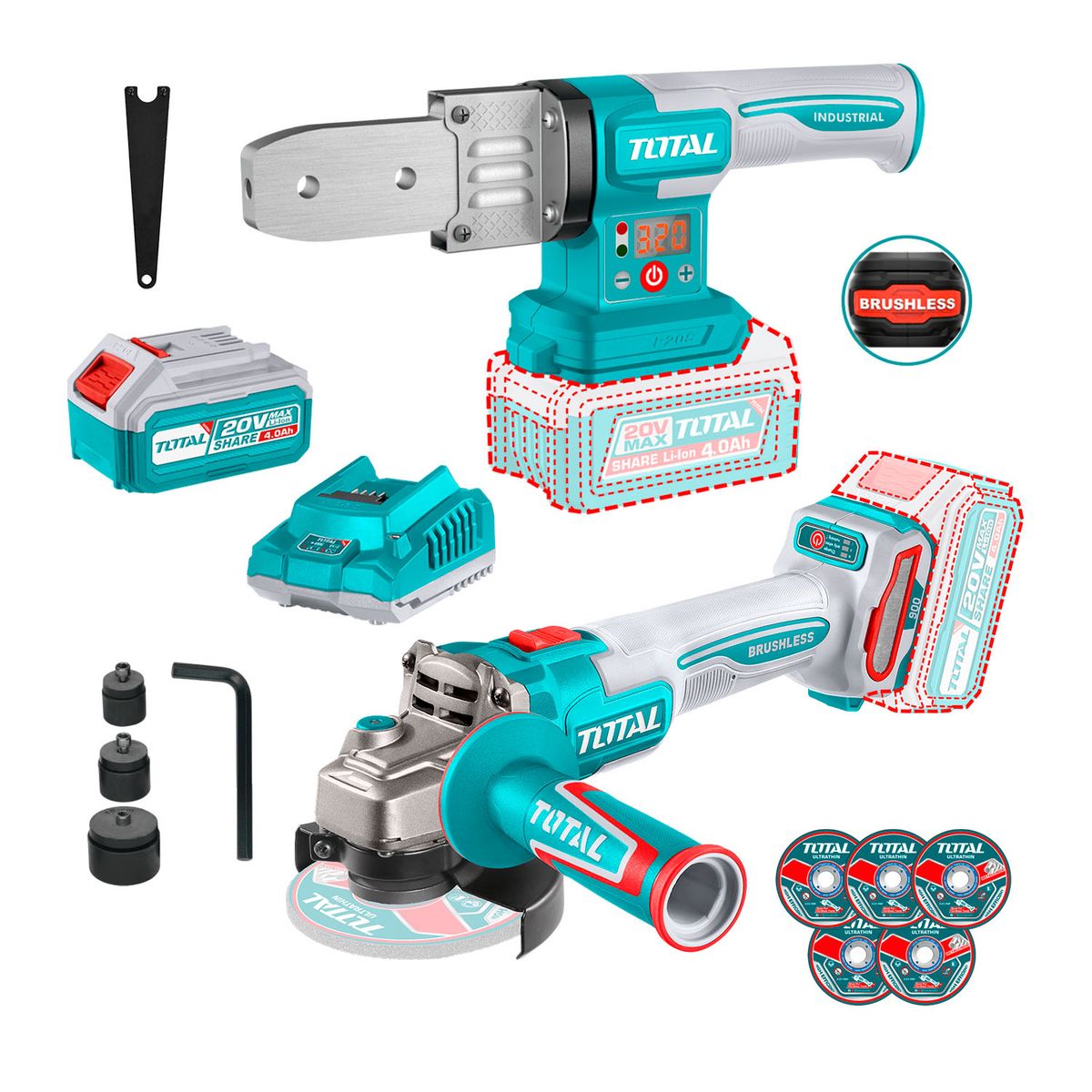 TOTAL TOOLS - Termofusora Inalámbrica 320°c + Amoladora Brushless Total