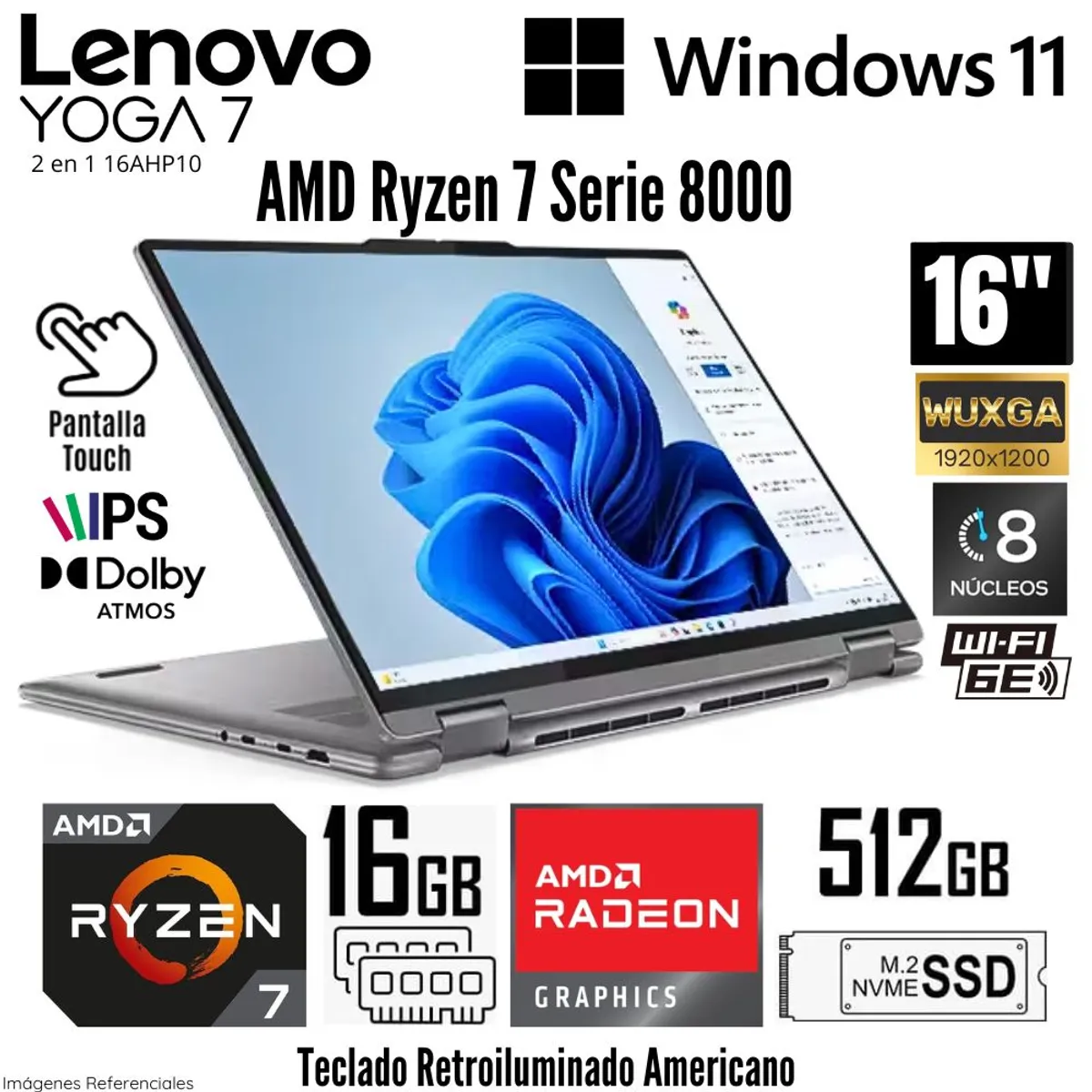 LENOVO - Laptop Lenovo Yoga 7 2 en 1 16AHP9 AMD Ryzen 7 8840HS 16GB RAM 512GB SSD 16"  WUXGA TouchScreen