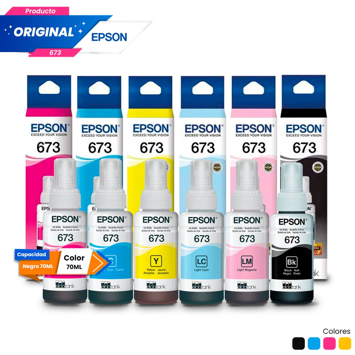 EPSON - Kit Tinta Epson 673 Original Negro Cian Magenta Amarillo Cian Claro Magenta Claro