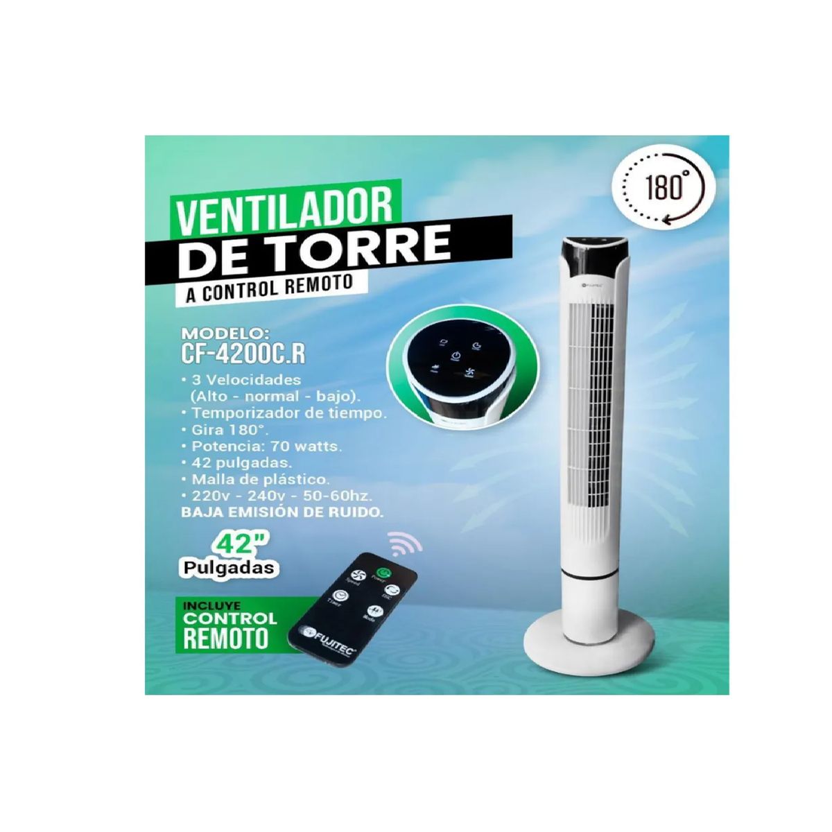 FUJITEC - Ventilador de Torre FUJITEC CF-4200CR 42” con Control Remoto  Blanco