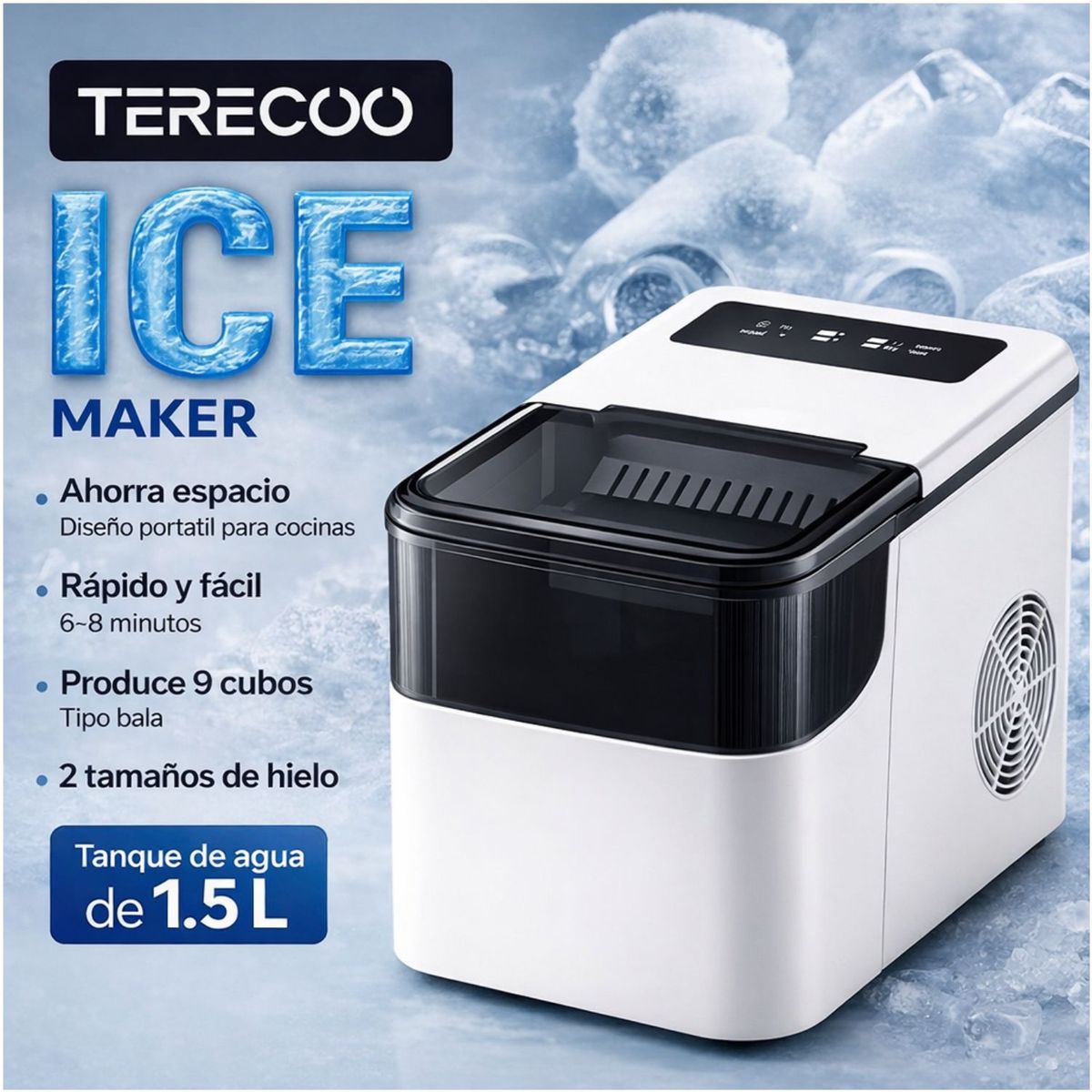 GENERICO - Máquina de Hielo Eléctrica TereCoo 1-5L Automática Producción Rápida de Cubos para Hogar y Oficina