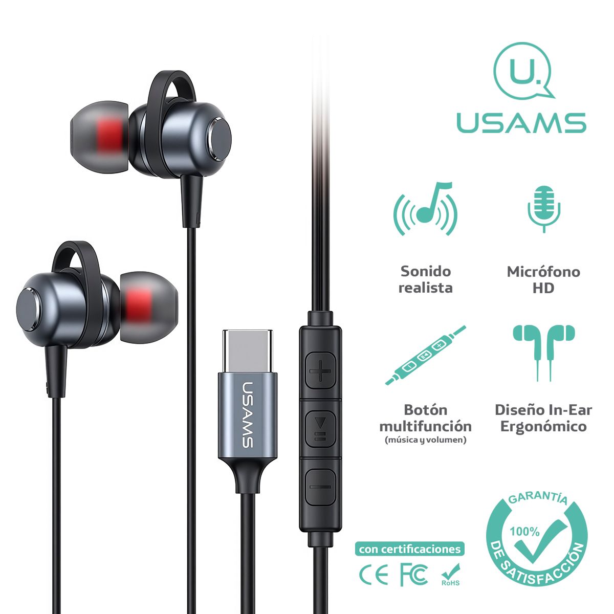 USAMS - Audífono con cable punta Type-C USAMS 120cm Negro EP48