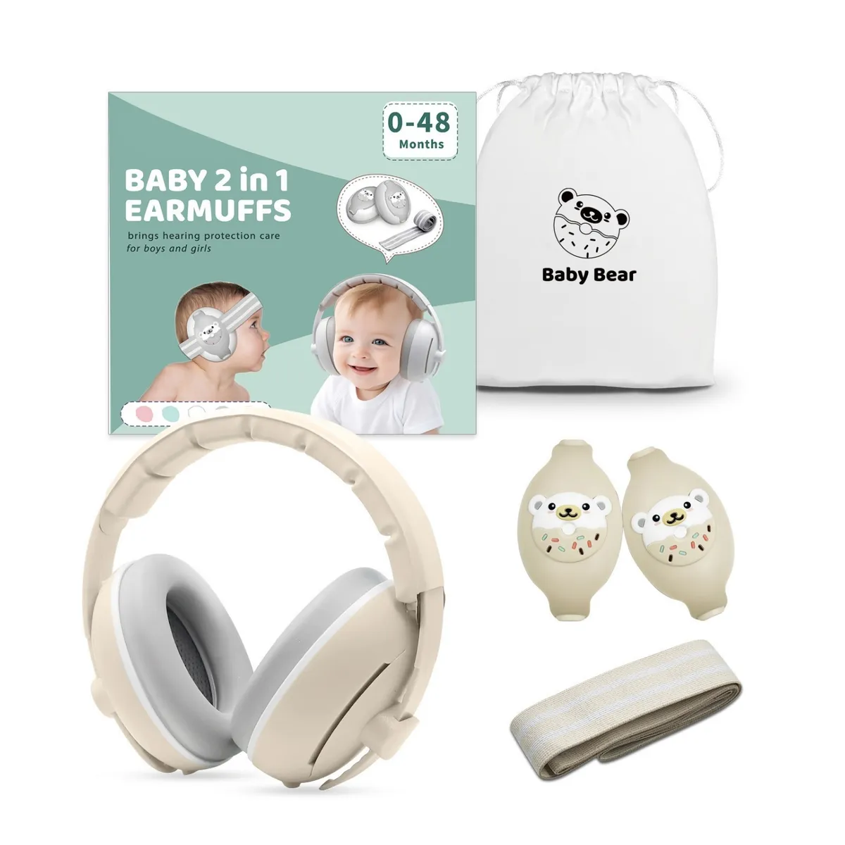 GENERICO - Orejeras/Auriculares de protección auditiva para bebés 2 en 1 color Beige