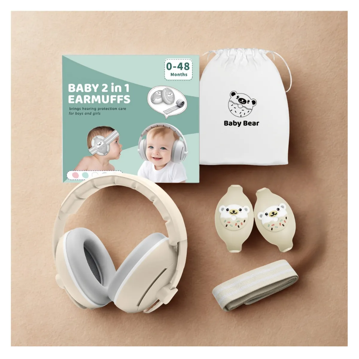 GENERICO - Orejeras/Auriculares de protección auditiva para bebés 2 en 1 color Beige