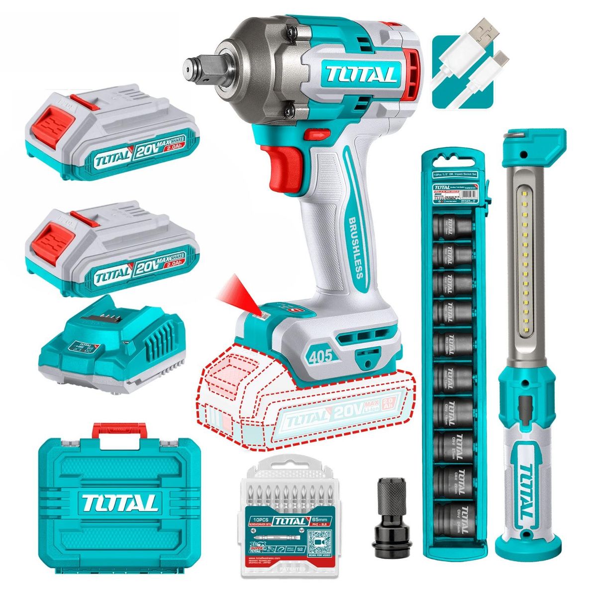 TOTAL TOOLS - Combo Llave de impacto 405nm+ dados y linterna Total