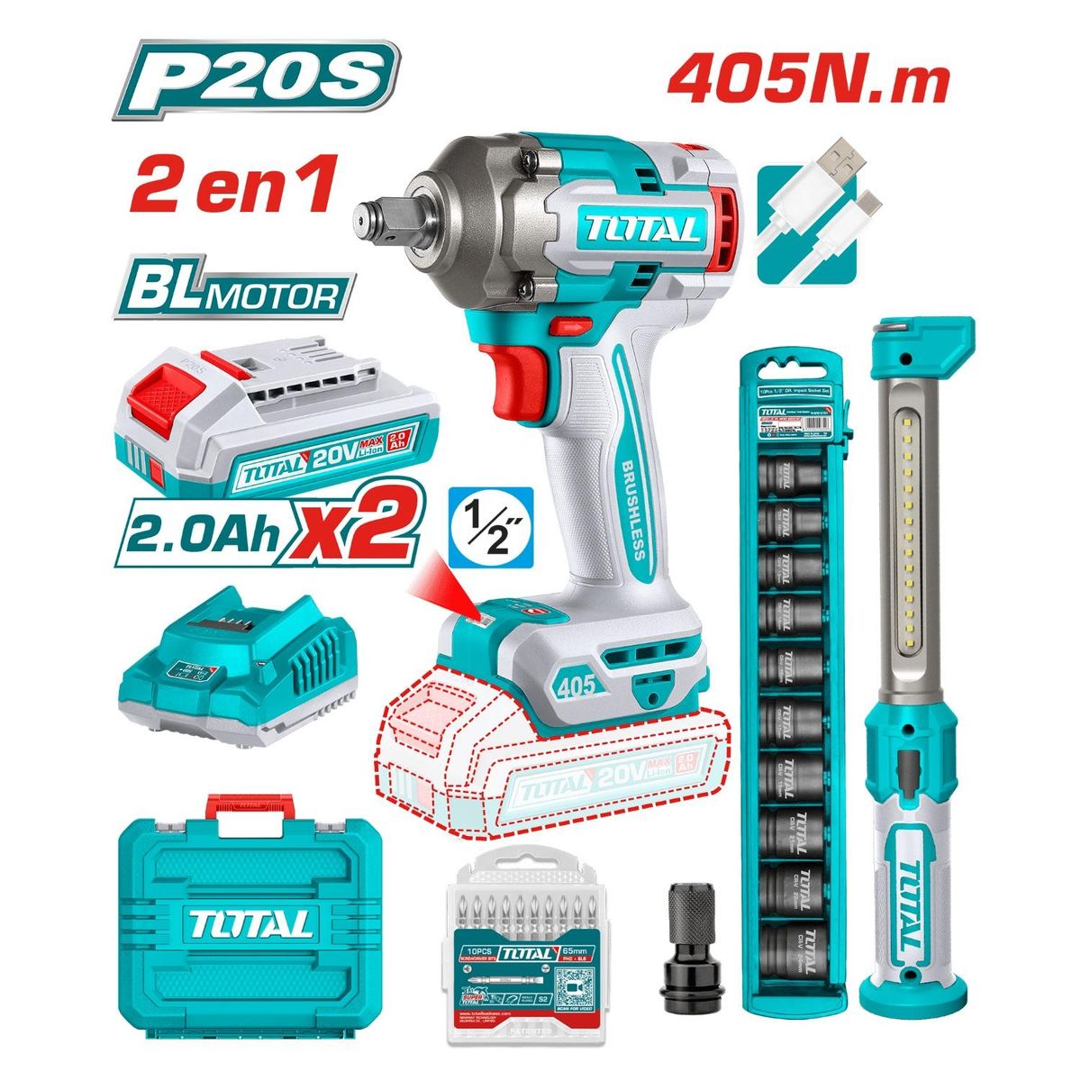 TOTAL TOOLS - Combo Llave de impacto 405nm+ dados y linterna Total