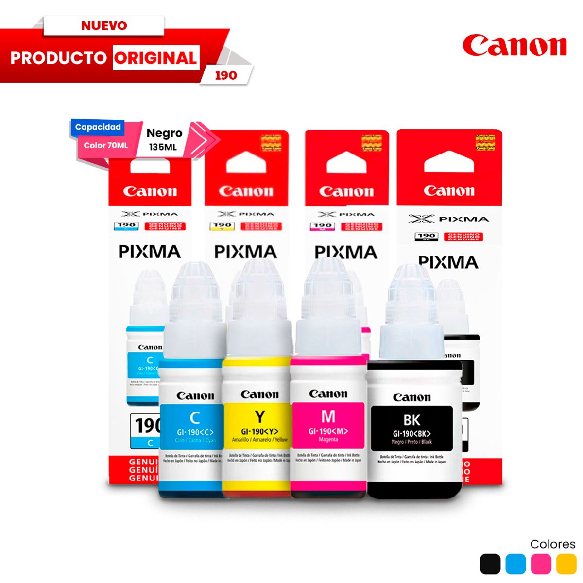 CANON - Combo Tinta Canon GI 190 Original Negro Cian Magenta Amarillo