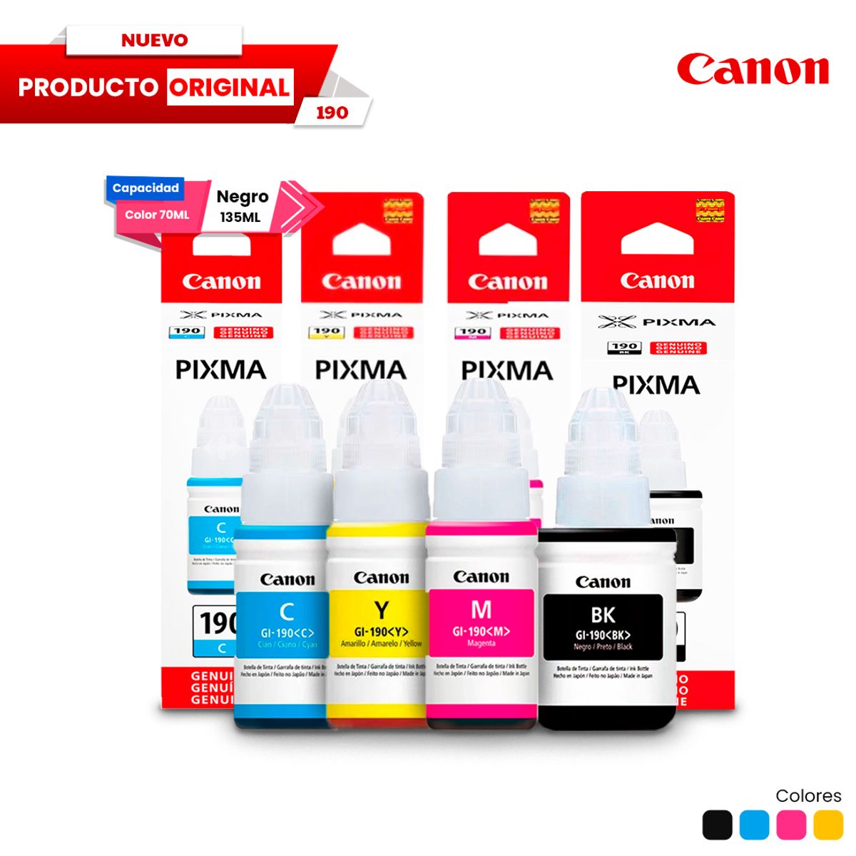 CANON - Combo Tinta Canon GI 190 Original Negro Cian Magenta Amarillo