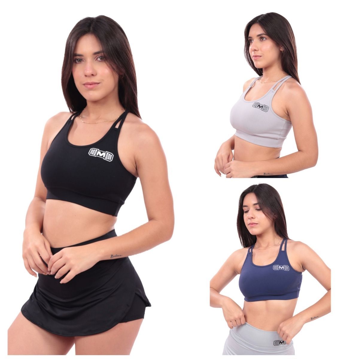 M MUSCLE MUSEUM - Top Deportivo con Tiras Pack x 3 colores Negro Plata y Azul para Mujer