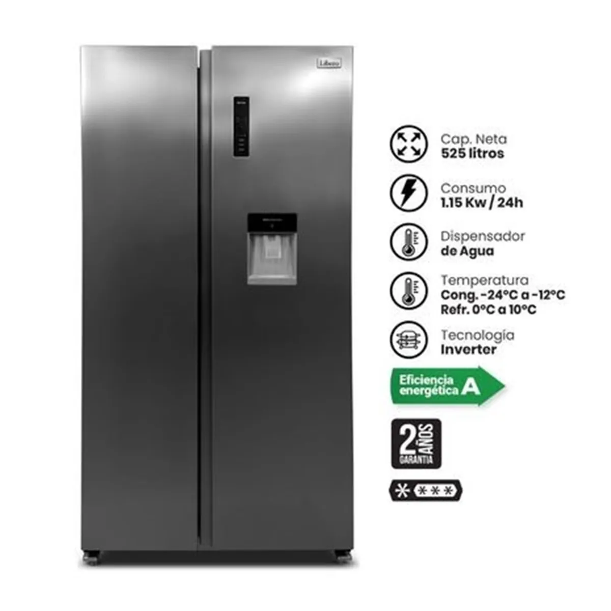 LIBERO - REFRIGERADORA SIDE BY SIDE LIBERO LSBS-552NFIW NO FROST 525L GRIS CON DISPENSADOR
