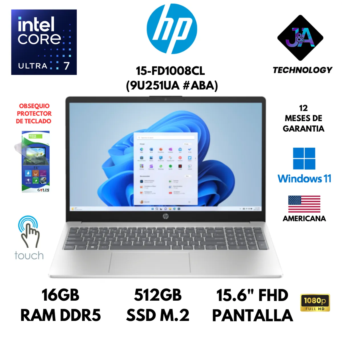 HP - LAPTOP HP 15-FD1008CL ULTRA 7 155H 16GB RAM 512GB SSD PANTALLA 15.6" FHD TACTIL WIN 11 AMERICANA