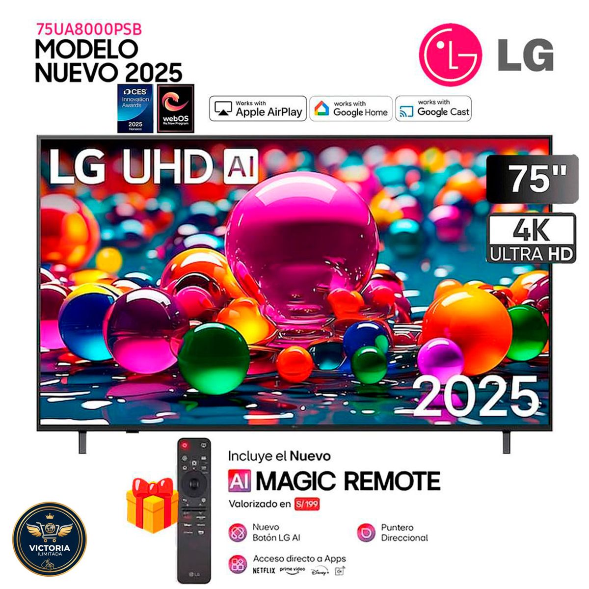 LG - Televisor LG 75 Pulg 75UA8000PSB UHD 4K SMART TV THINQ AI + Control Magic 2025
