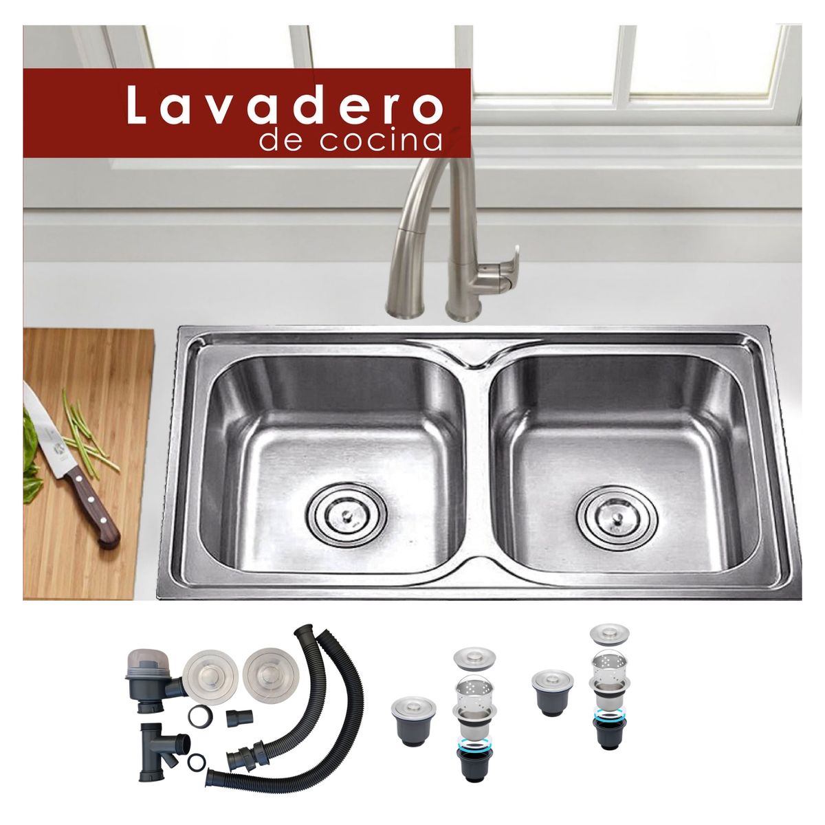 Lavadero de Cocina Doble Poza WO7843 Acero Inoxidable Satinado, marca XM - Foto Principal