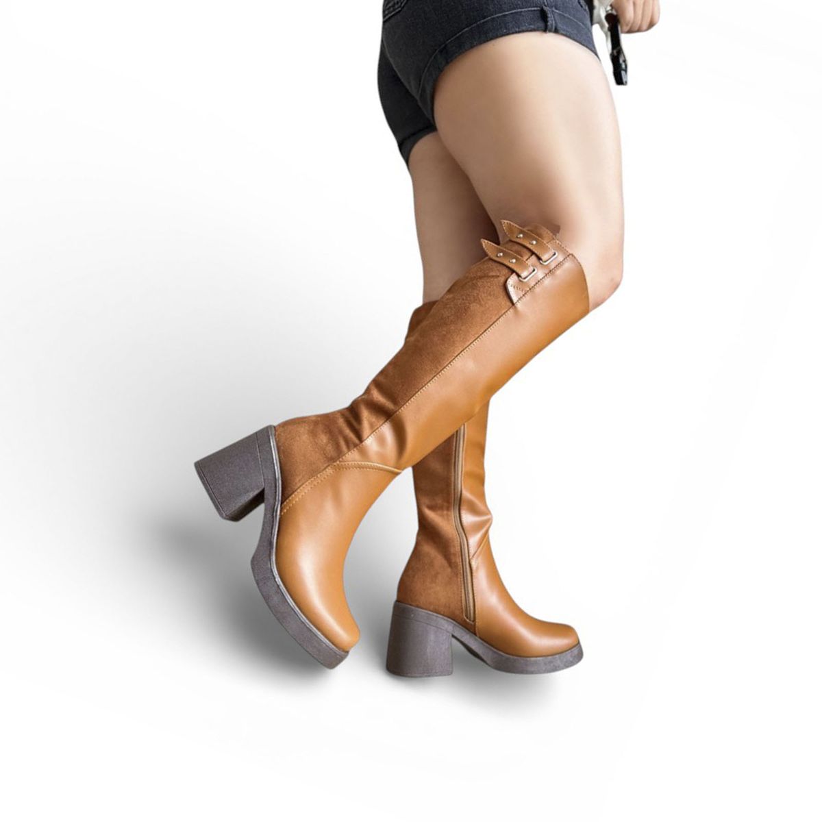 GENERICO - Bota Mujer Taco 7 2086-75 Dos Detalles Color Camel