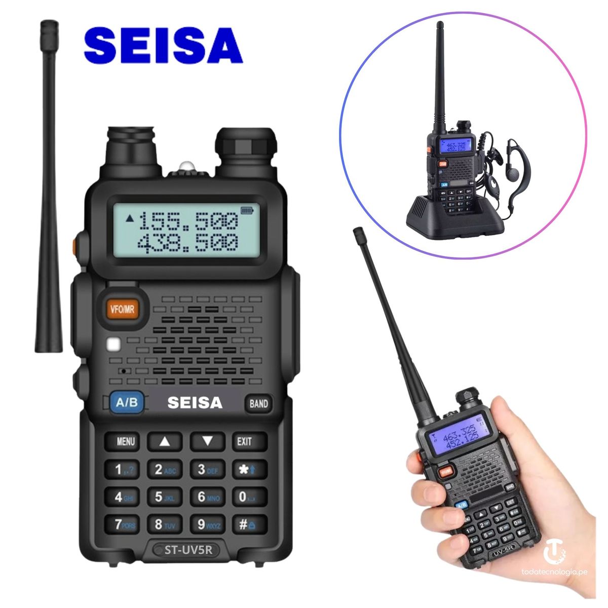 SEISA - Radio Walkie Talkie SEISA Banda Dual VHF UHF de Largo Alcance Linterna  LED y Batería Recargable