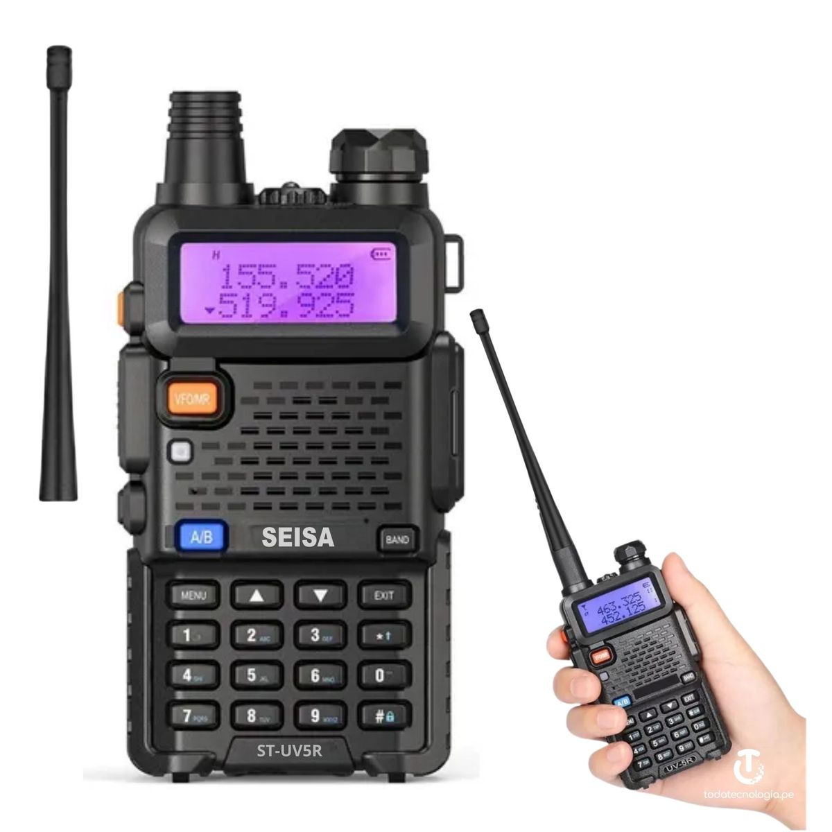 SEISA - Radio Walkie Talkie SEISA Banda Dual VHF UHF de Largo Alcance Linterna  LED y Batería Recargable