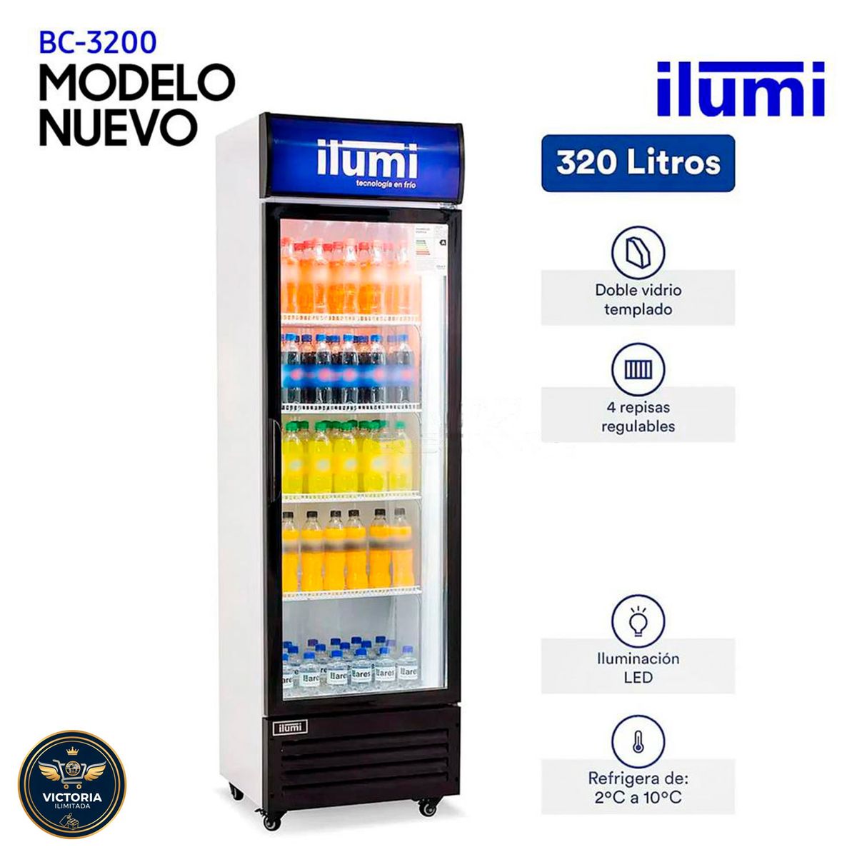 Ilumi - Exhibidor Ilumi Vertical 320 Lts 1 Puertas Vidrio Blanco - BC-3200
