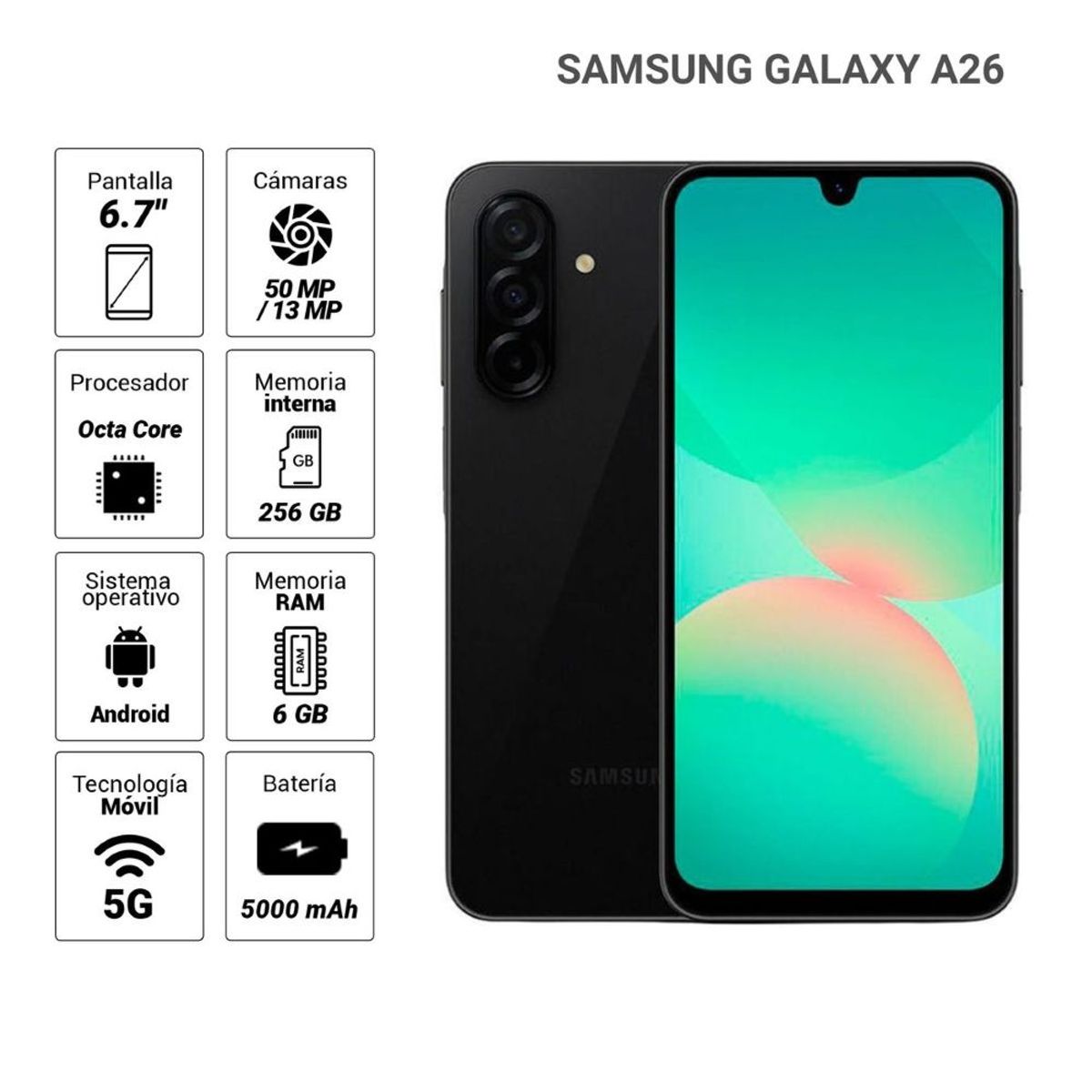 SAMSUNG - Celular Samsung Galaxy A26 SM-A266MZKFLTP 67 6GB 256GB Negro