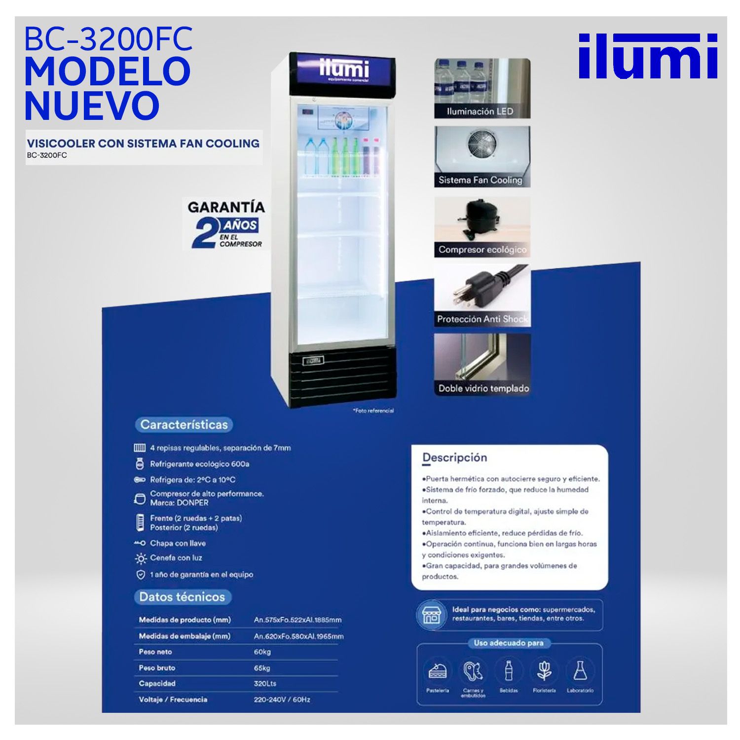 Exhibidor Ilumi BC-3200FC Vertical Con Sistema Fan Cooling 320Lt - Blanco 5