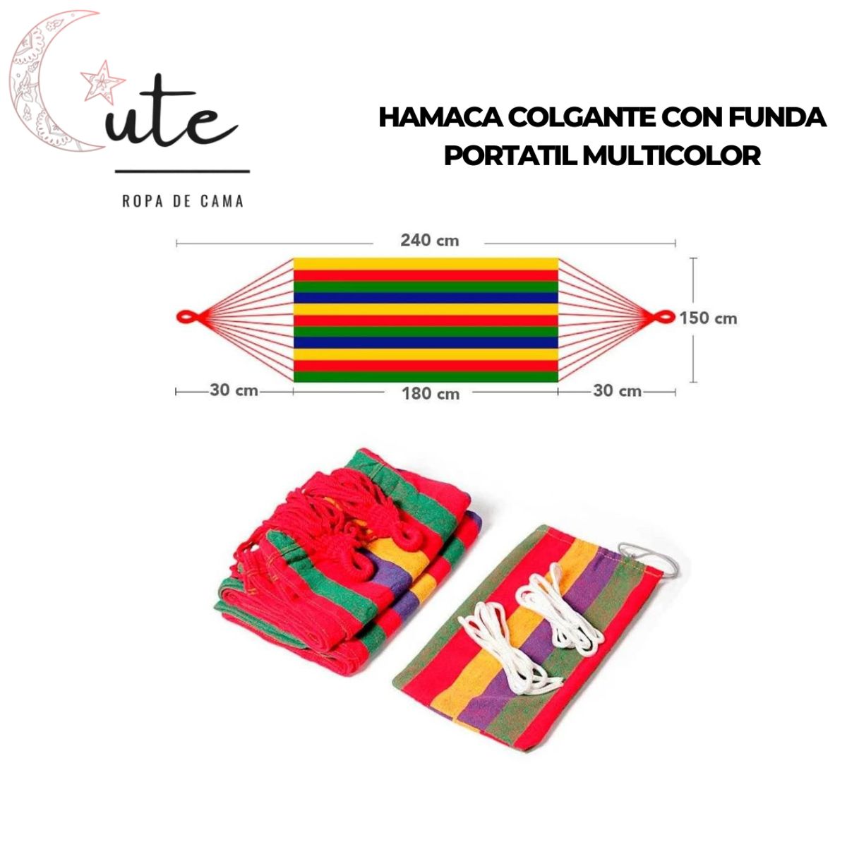 HAMACA COLGANTE CON FUNDA PORTÁTIL MULTICOLOR, marca CUTE - Foto Principal