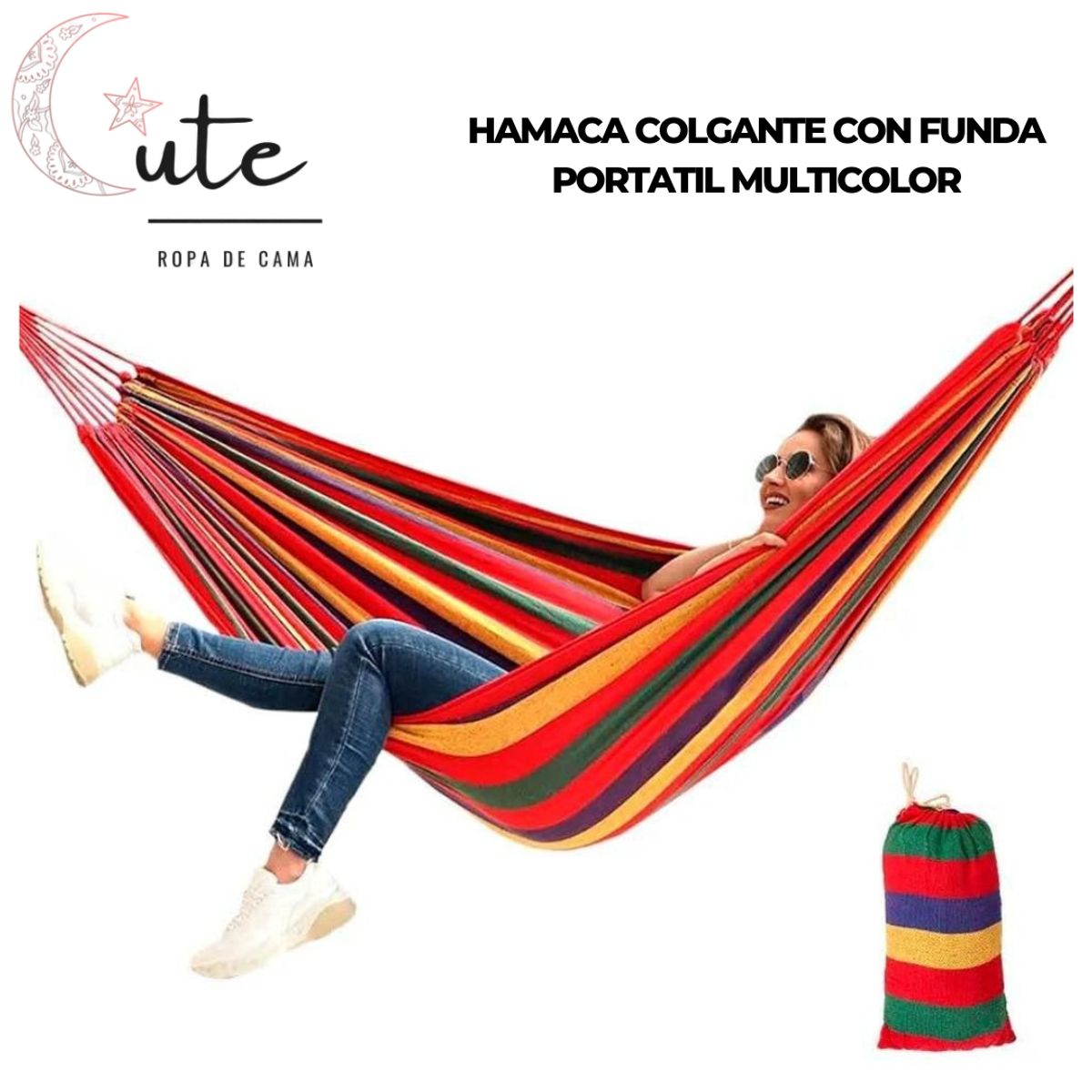HAMACA COLGANTE CON FUNDA PORTÁTIL MULTICOLOR, marca CUTE - Foto 2