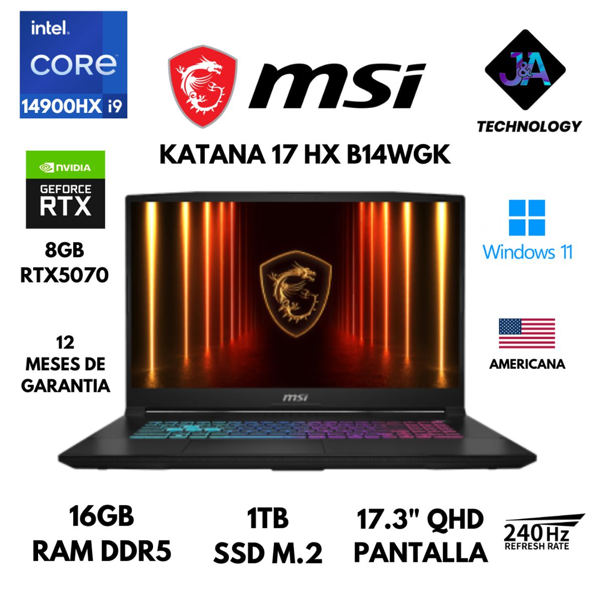 MSI - LAPTOP MSI KATANA 17 B14WGK CORE I9 14900HX 16GB RAM 1TB SSD 8GB RTX5070 17.3" QHD WIN 11 AMERICANA