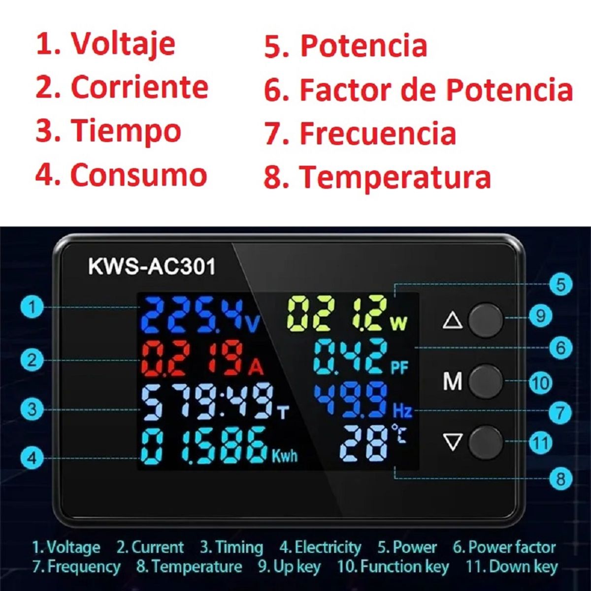 GENERICO - Medidor de Energía Corriente 8 en 1 Portatil 100A KWS-AC301