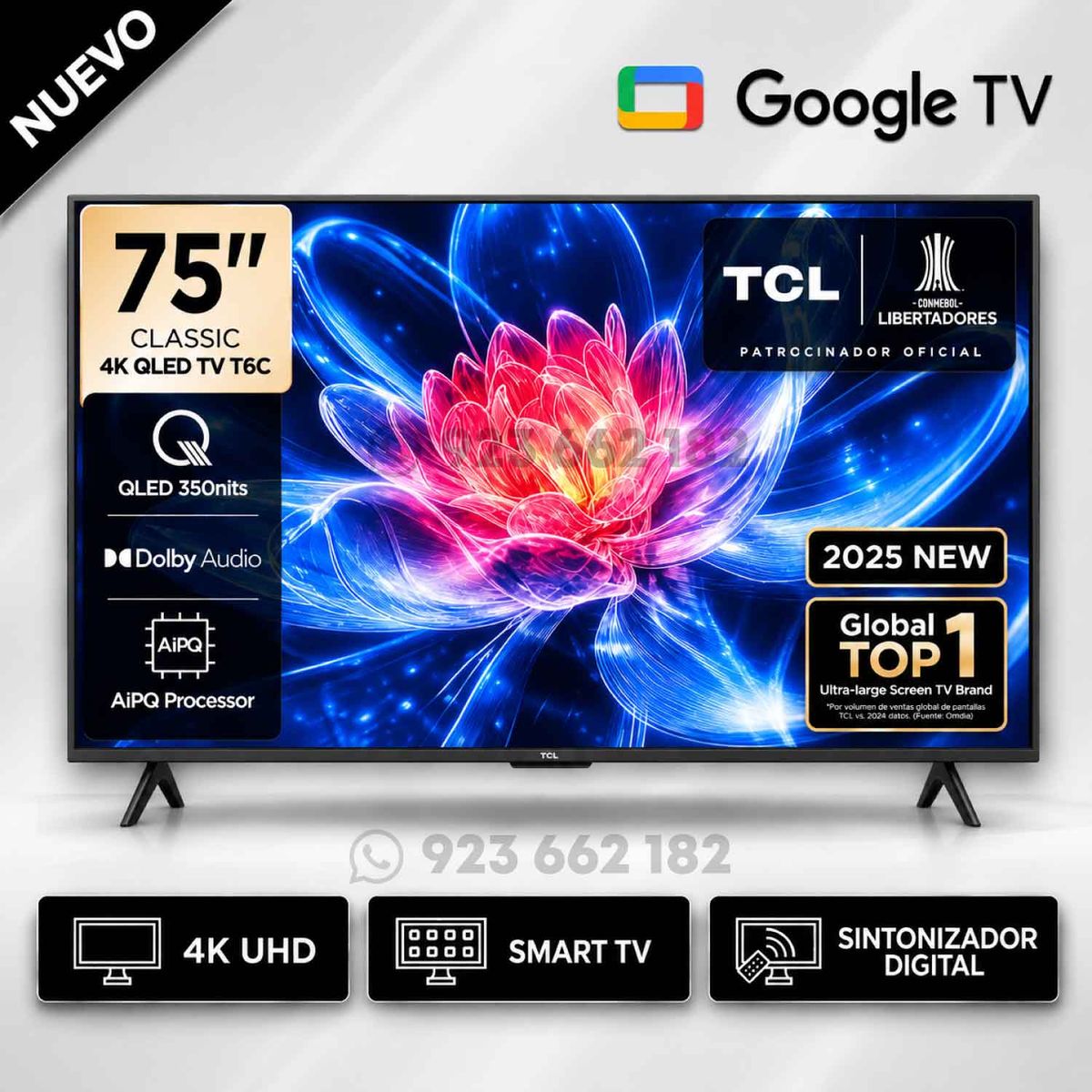 TCL - Televisor TCL QLED 75 pulgadas Smart TV 75T6C 4K Google TV 2025