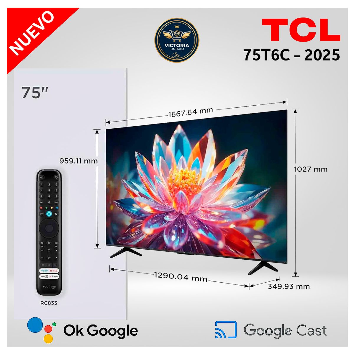 TCL - Televisor TCL QLED 75 pulgadas Smart TV 75T6C 4K Google TV 2025