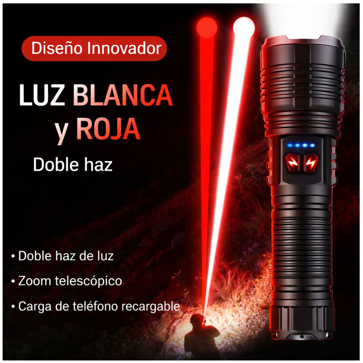 LIDIMI - Linterna LED Táctica 30W de Largo Alcance Recargable USB con Función Power Bank