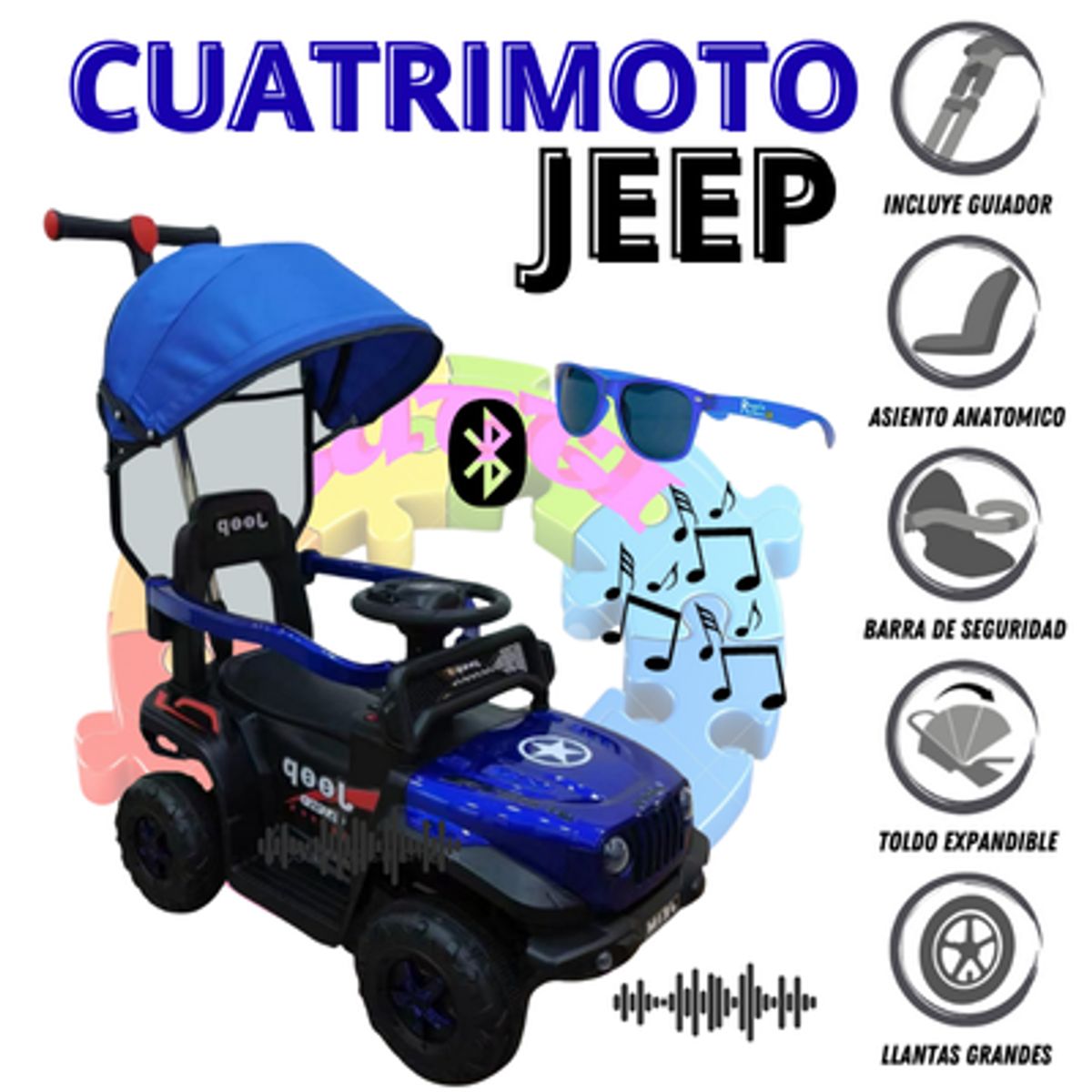 Stokker Baby - CARRITO JEEP INTELIGENTE A BATERIA MUSICAL, BLUETOOTH  Y LUCES INCLUIDO LENTES DE OBSEQUIO - AZUL